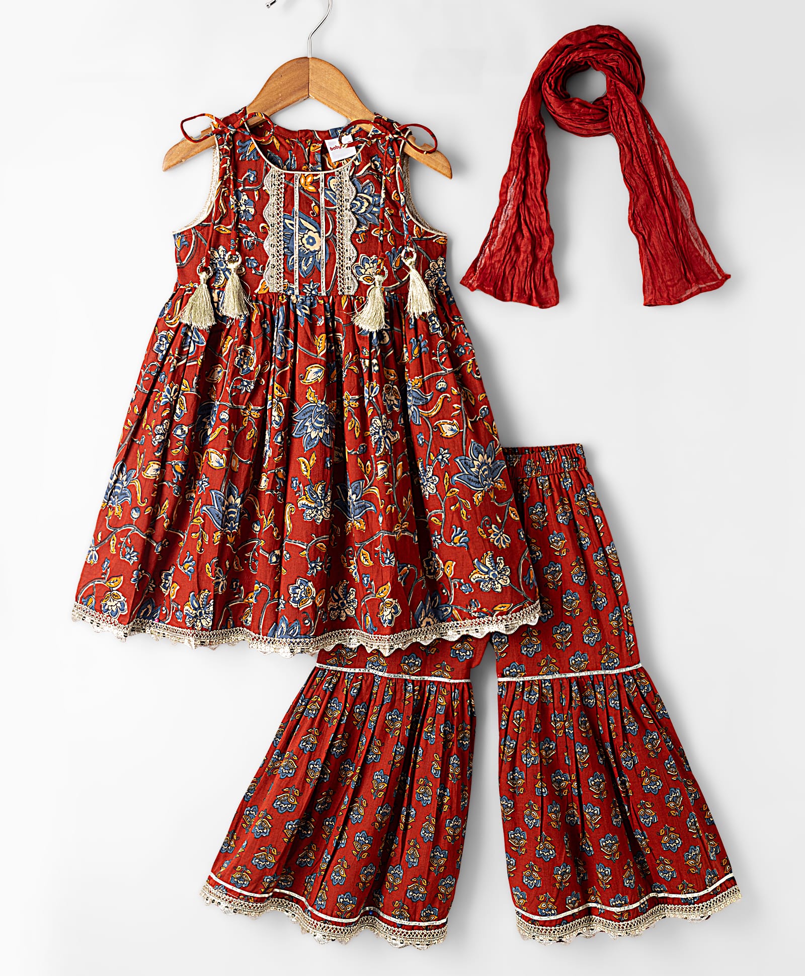 Babyhug Cambric Woven Sleeveless Floral Printed Kurti Sharara and Dupatta Set - Rust-picture-26