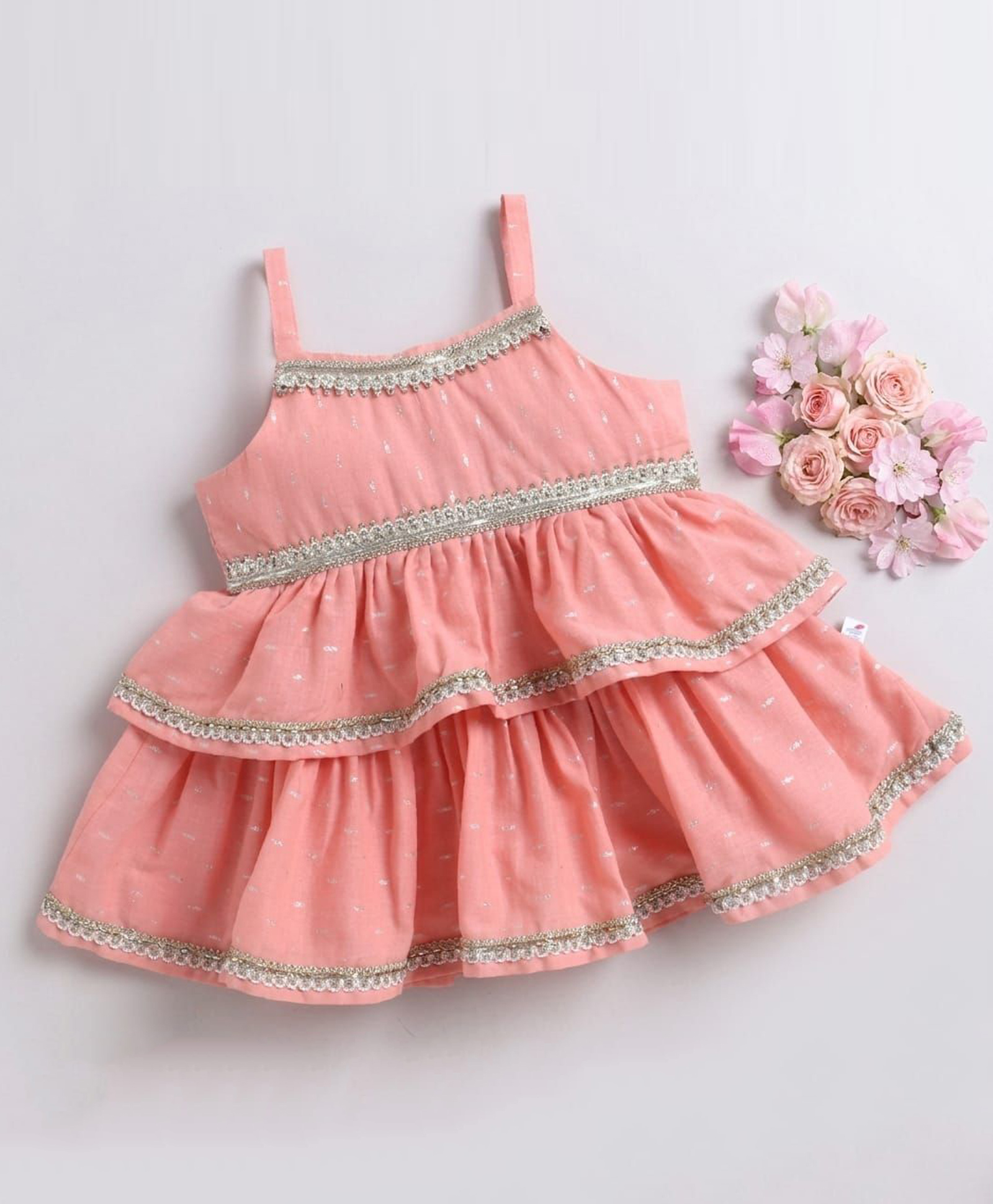 Many frocks & Cotton Woven Sleeveless Lace Embellished Dress - Peach-image-12