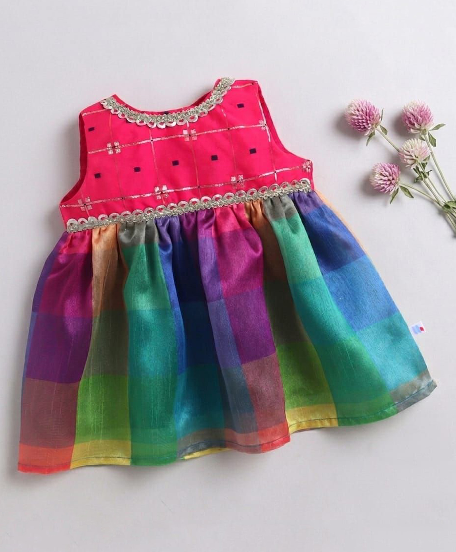 Many frocks & Silk Woven Sleeveless Gota Lace Embellished & Checked Ethnic Dress - Multi Colour-image-46