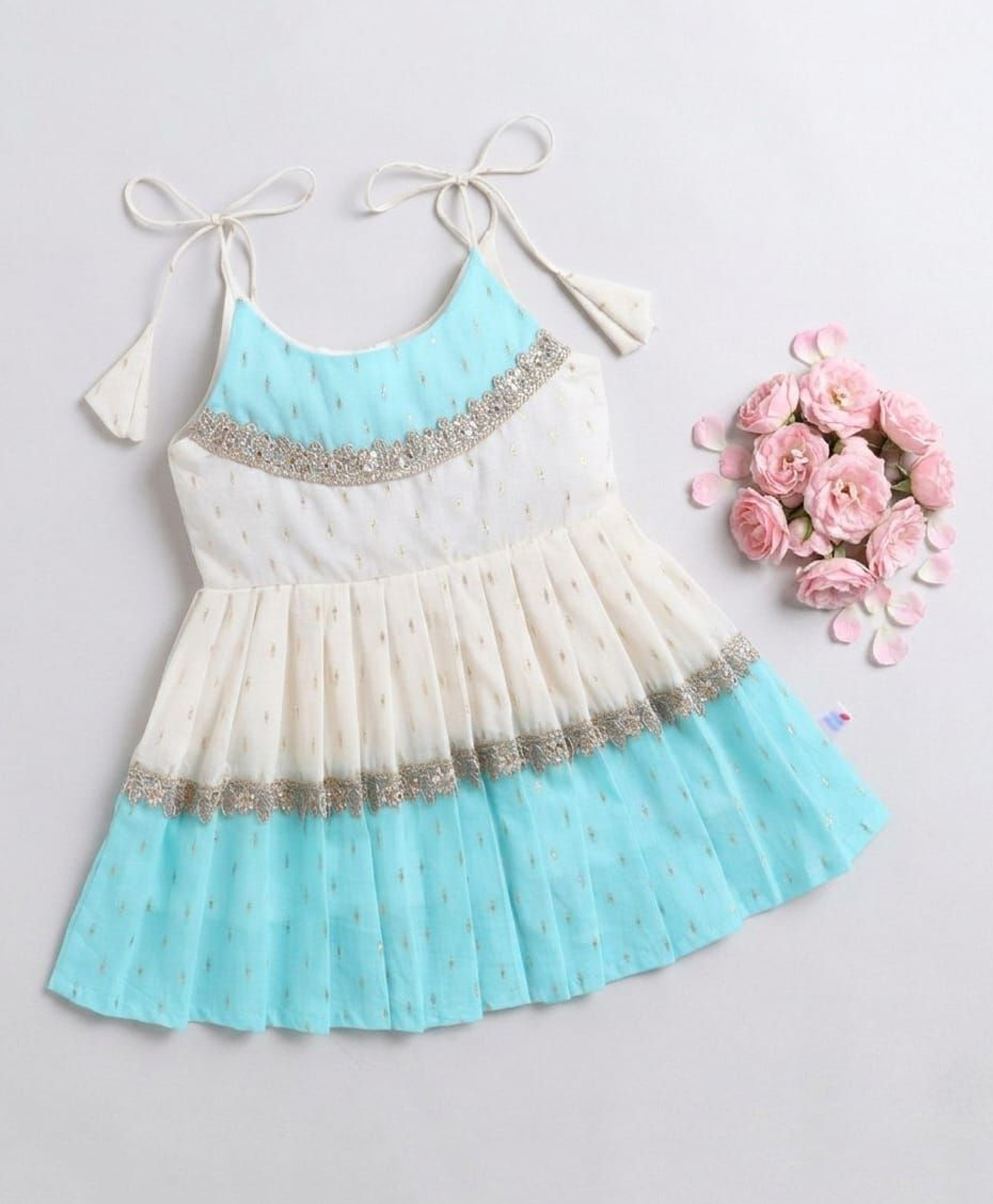 Many frocks & Cotton Woven Sleeveless Lace Embellished Ethnic Dress - Cream & Light Blue-image-10