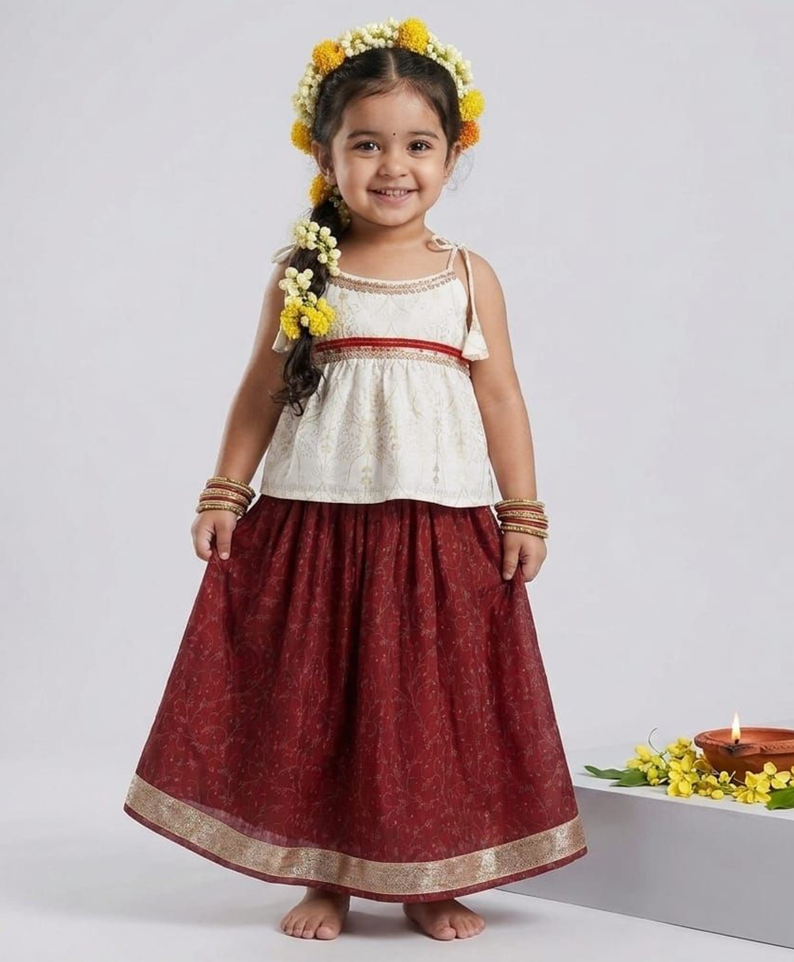 Many frocks & Chanderi Woven Sleeveless Lace Embellished Lehenga Choli Set - Off White & Maroon-image-36