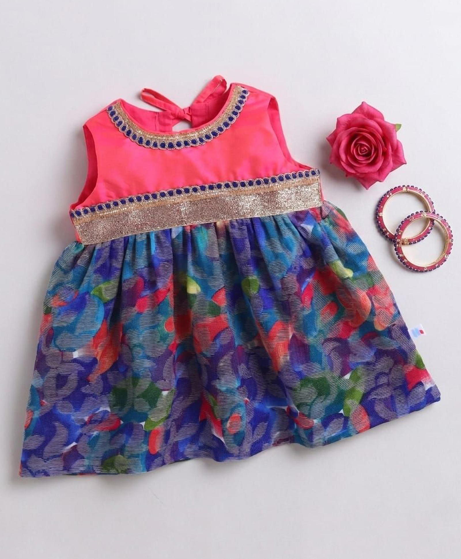 Many frocks & Cotton Woven Sleeveless Gota Lace Embellished & Floral Printed Ethnic Dress - Blue & Pink-image-16