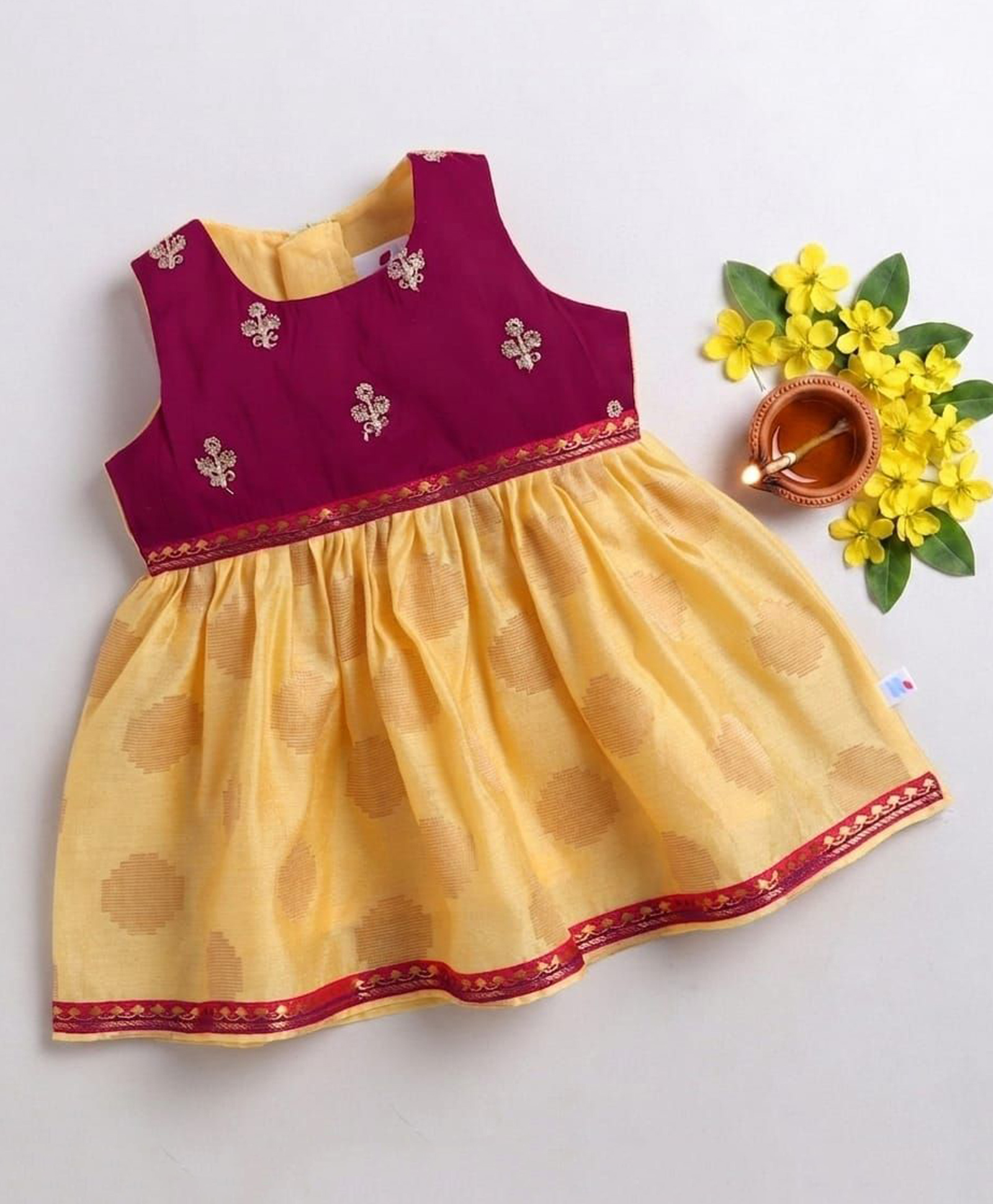 Many frocks & Chanderi Woven Sleeveless Gota Lace Embellished & Floral Embroidered Ethnic Dress - Yellow & Maroon-image-9