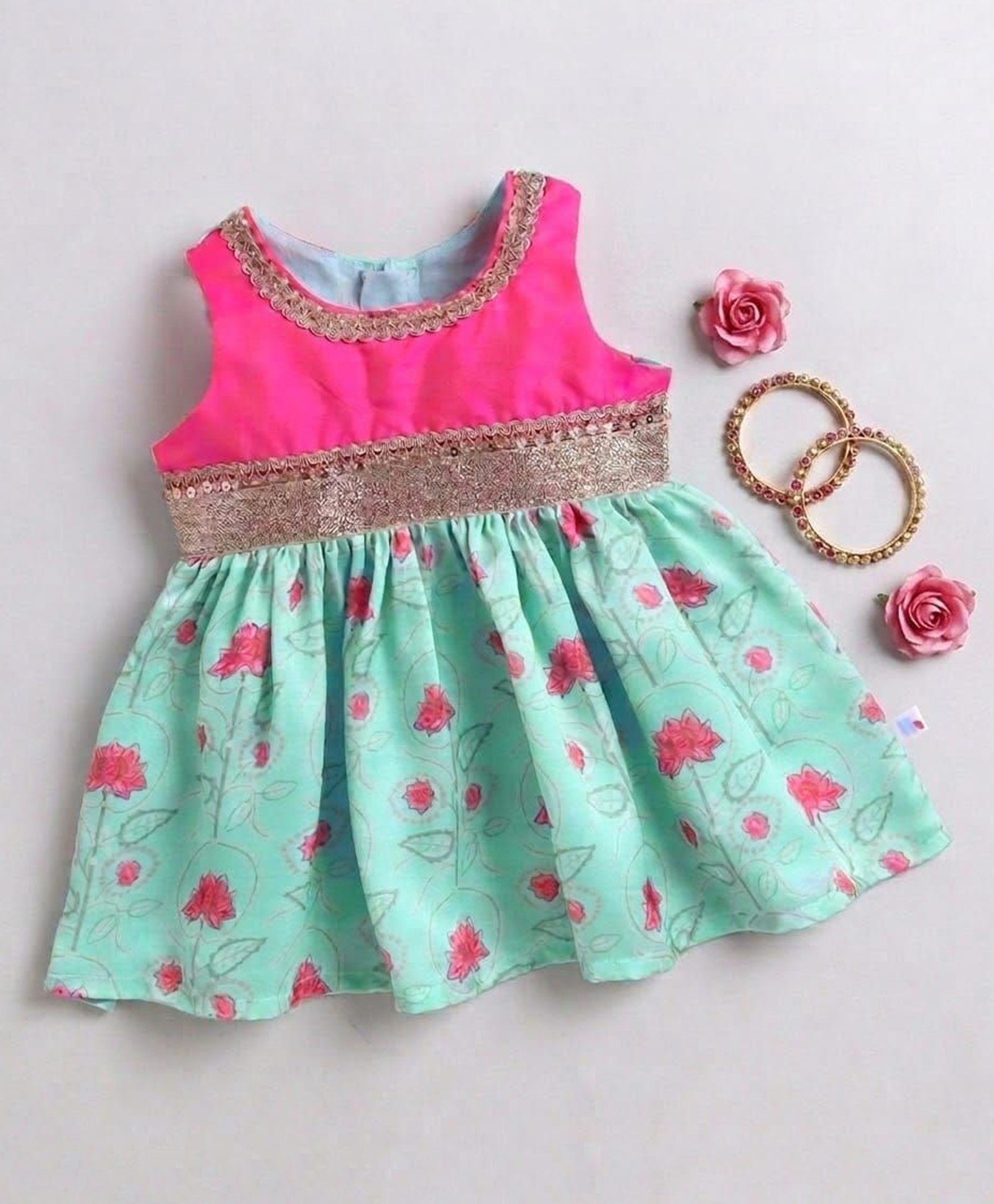 Many frocks & Satin Woven Sleeveless Gota Lace Embellished & Floral Printed Ethnic Dress - Sea Green & Pink-image-6