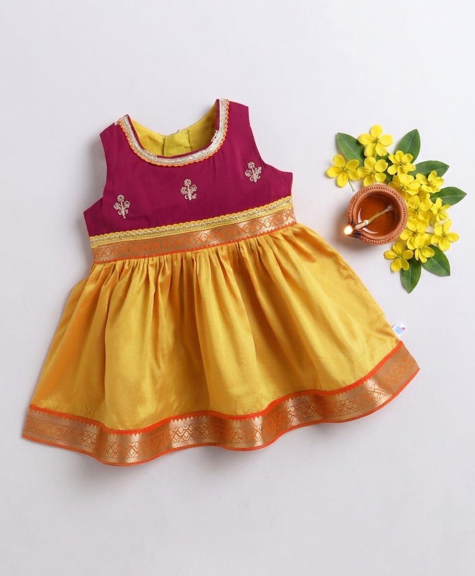 Many frocks & Silk Woven Sleeveless Gota Lace Embellished & Floral Thread Work Detailed Ethnic Dress - Mustard & Maroon-picture-27