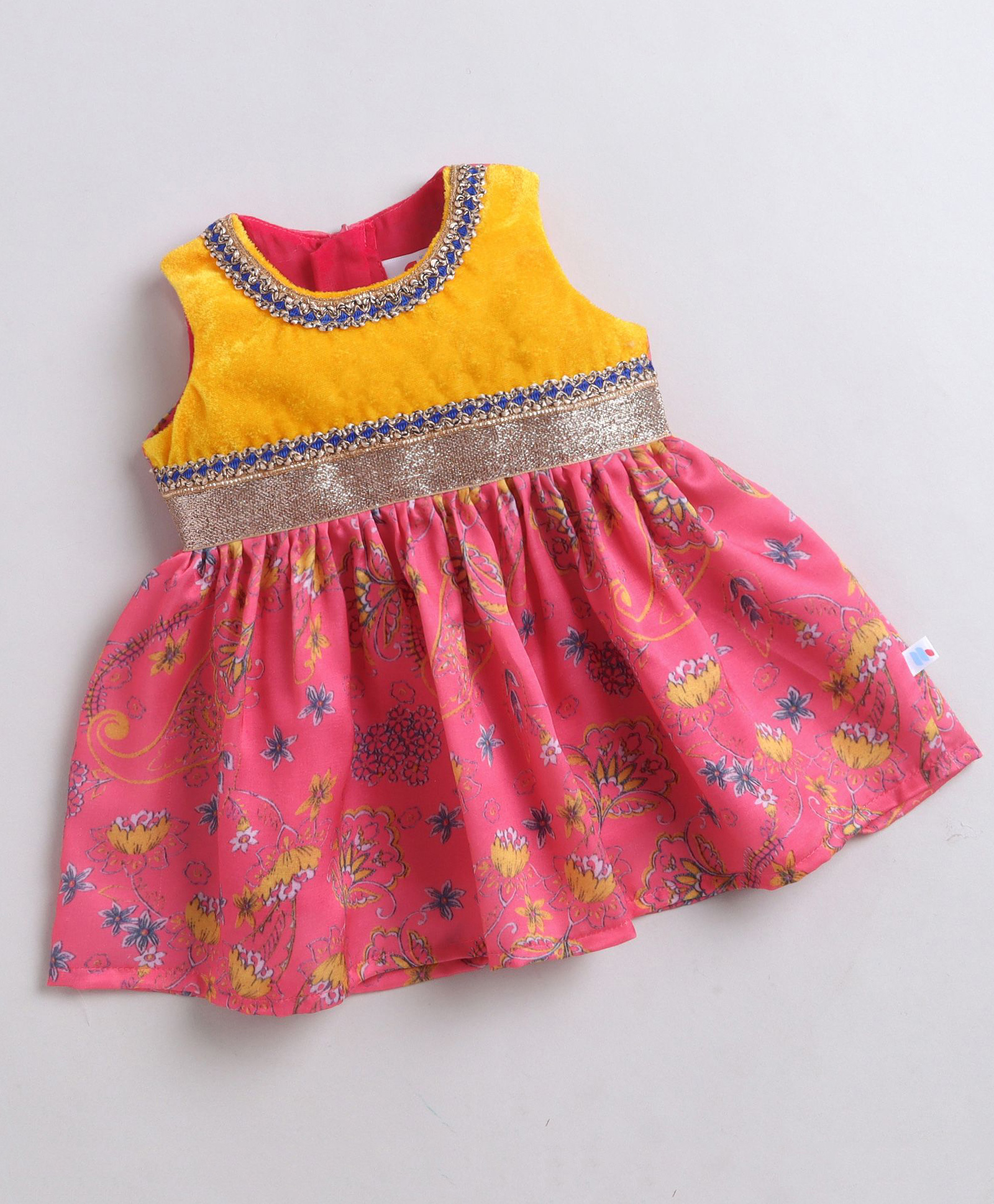 Many frocks & Satin Woven Sleeveless Gota Lace Embellished & Floral Printed Ethnic Dress - Pink & Yellow-image-42