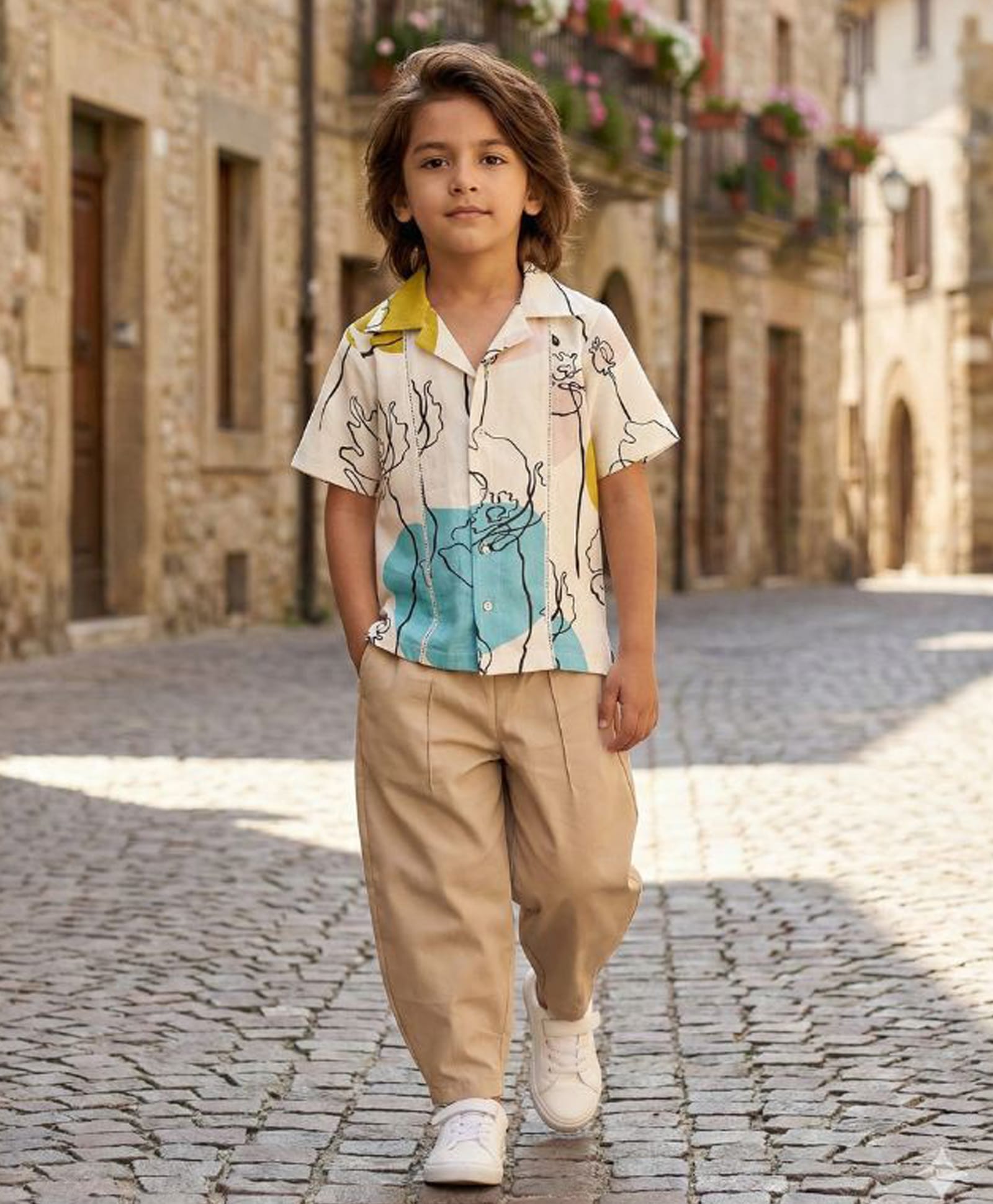 Peekaaboo Kids Cotton Woven Half Sleeves Abstract Printed Shirt & Pants Set - Teal & Beige-image-23