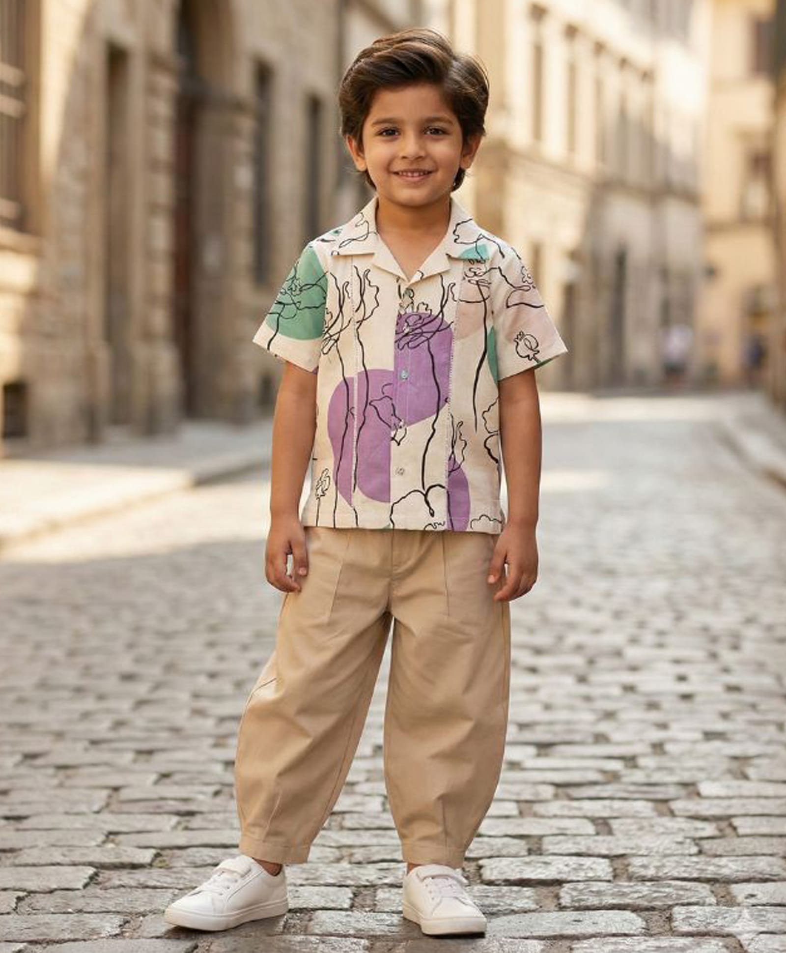 Peekaaboo Kids Cotton Woven Half Sleeves Abstract Printed Shirt & Pants Set - Lavender & Beige-image-27