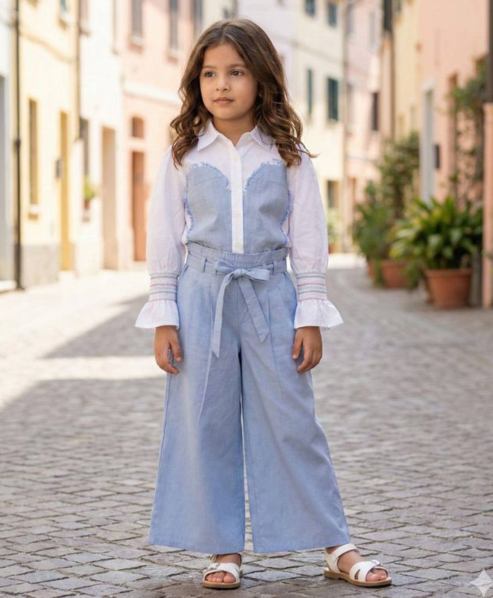 Peekaaboo Kids Cotton Woven Full Sleeves Cut & Sew Detailed Shirt & Palazzo Set - White & Blue-picture-28