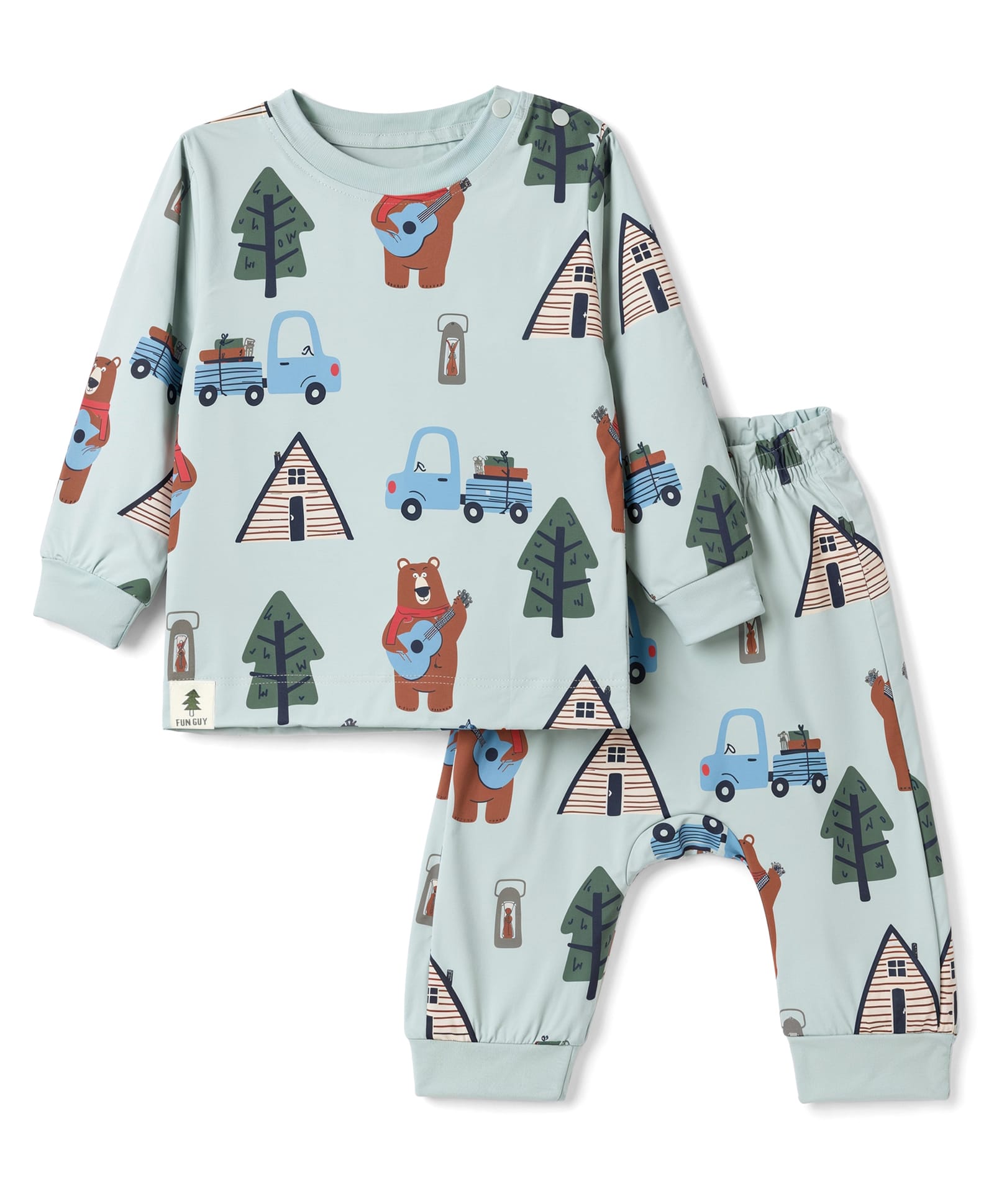 Ollypop Sinker Knit Full Sleeves Co-Ords T-Shirt & Pyjama Night Suit with Bear Vehicle & Christmas Tree Print - Aqua Blue-picture-15