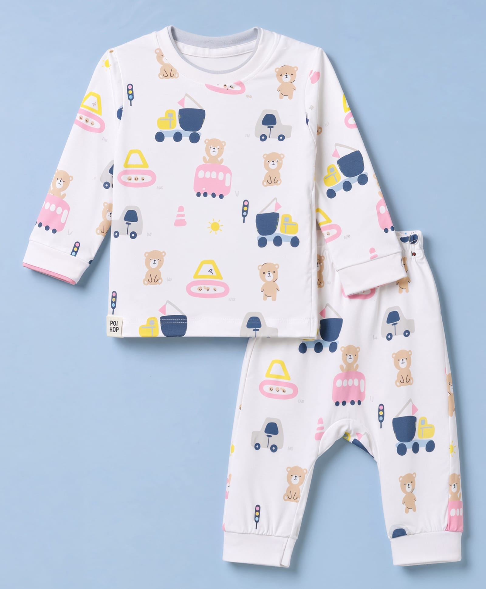 Ollypop Sinker Knit Full Sleeve Co-Ords T-Shirt & Pyjama Night Suit with Bear & Vehicle Print - White-picture-3