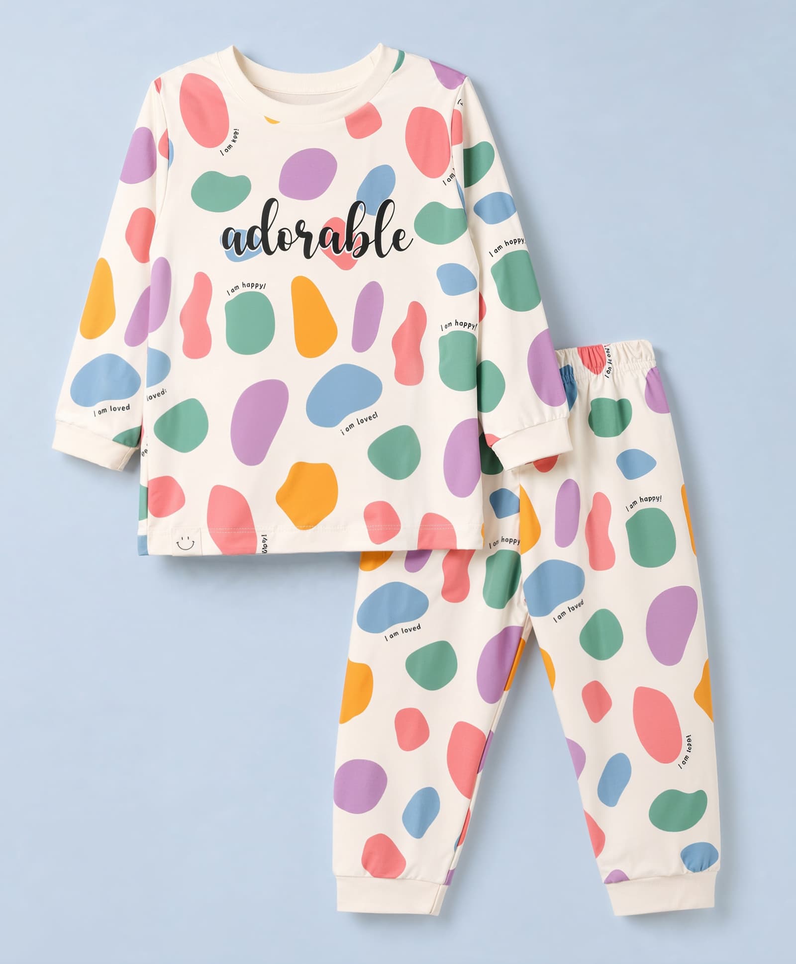 Ollypop Sinker Knit Full Sleeves T-Shirt & Pyjama Night Set with Abstract & Adorable Print - Cream-picture-12