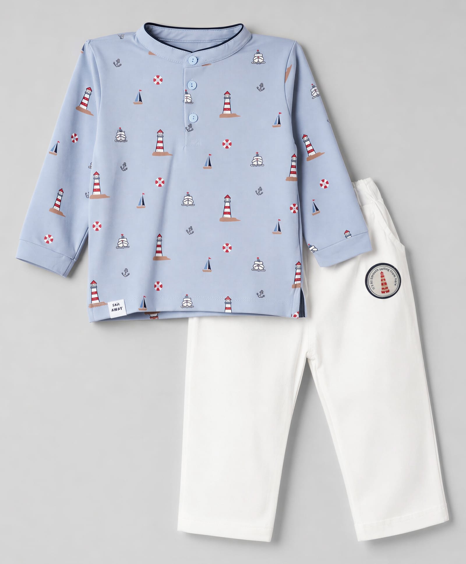 Ollypop Cotton Knit Full Sleeves Nautical Printed T-shirt and Pant - Blue-image-4