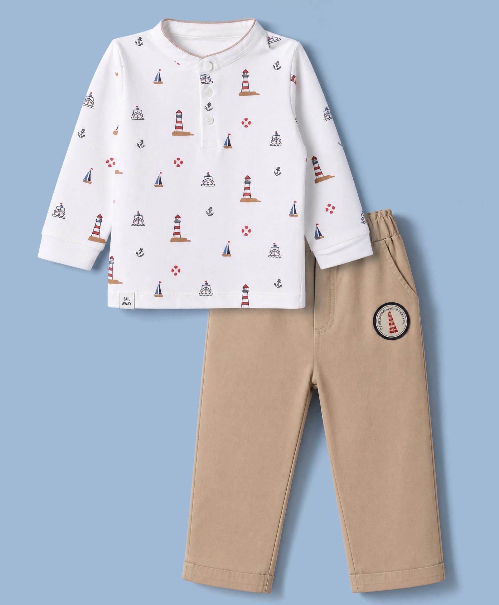 Ollypop Cotton Knit Full Sleeves Boat & Anchor Printed T-shirt and Pant Set - White-picture-45