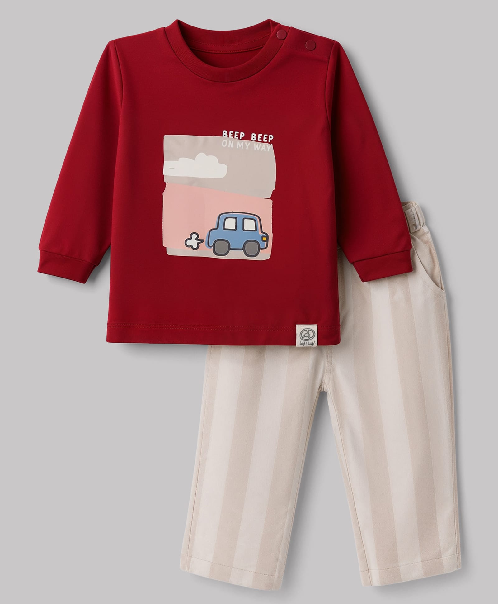Ollypop Interlock Knit Full Sleeves Tshirt With Car & Text Print & Pant Set - Red-picture-13