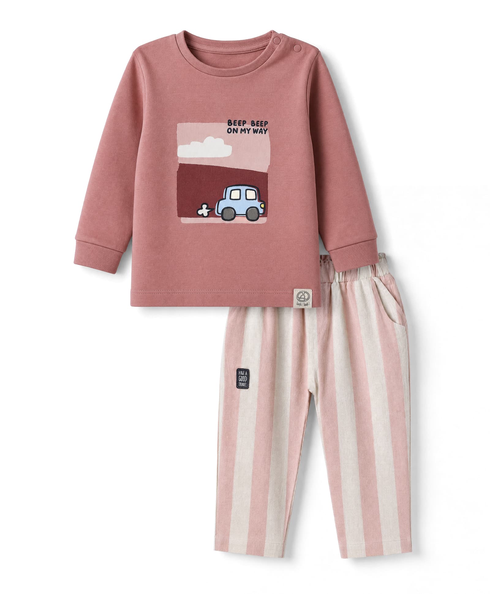 Ollypop Interlock Knit Full Sleeves Tshirt With Car & Text Print & Pant Set - Pink-picture-11