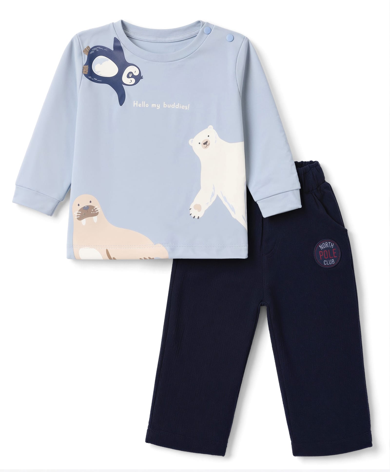 Ollypop Interlock Knit Full Sleeves Animal Printed T-shirt With Side Button and Pants - Blue-image-23