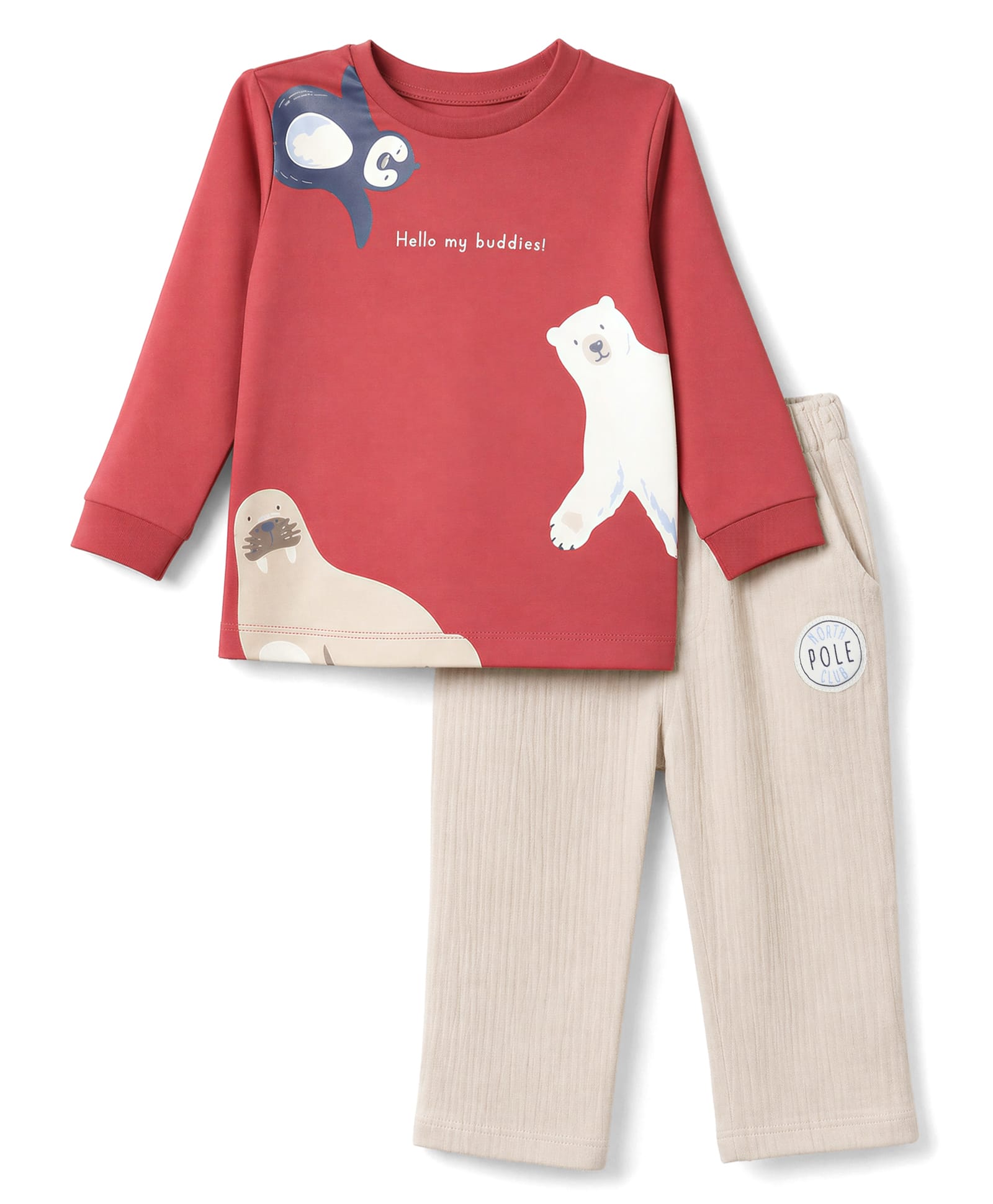 Ollypop Interlock Knit Full Sleeves Animal Printed T-shirt With Side Button and Pants - Red & Beige-picture-21