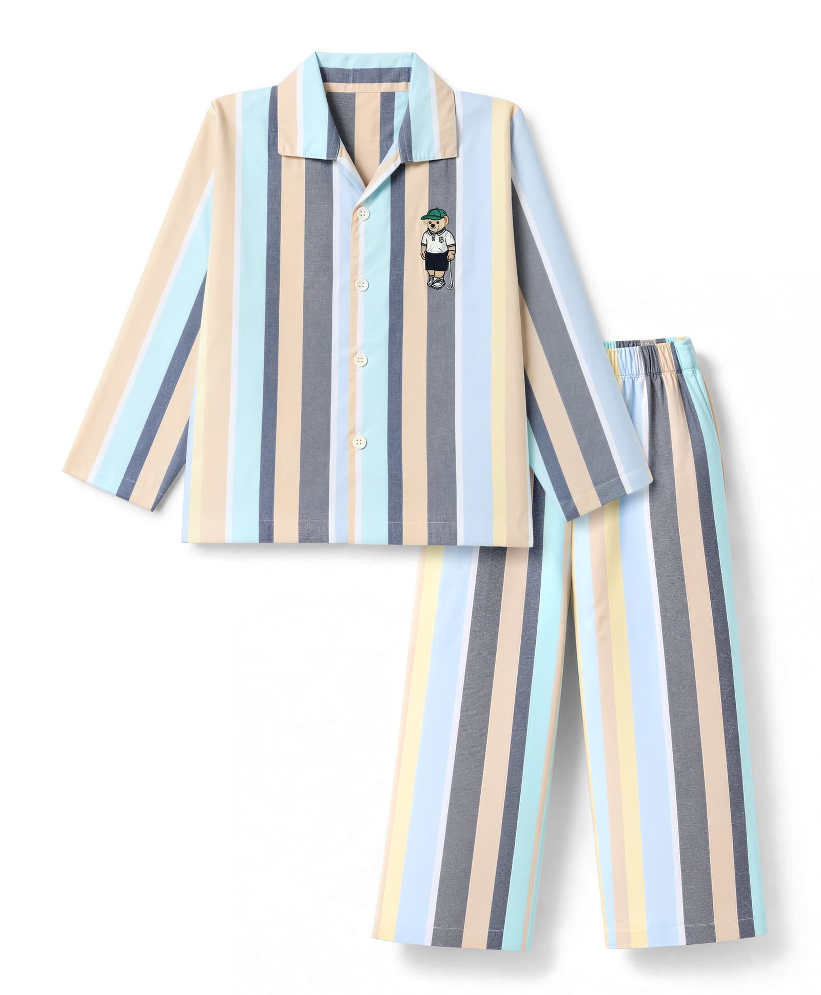 Ollypop Textile Woven Full Sleeves Striped Co-Ords Shirt & Pyjama Night Suit with Bear Embroidery - Sky Blue-picture-25