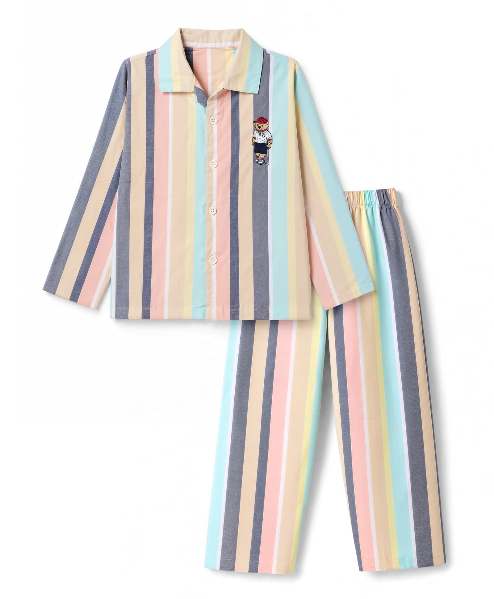 Ollypop Textile Woven Full Sleeves Striped Co-Ords Shirt & Pyjama Night Suit with Bear Embroidery - Peach-picture-18