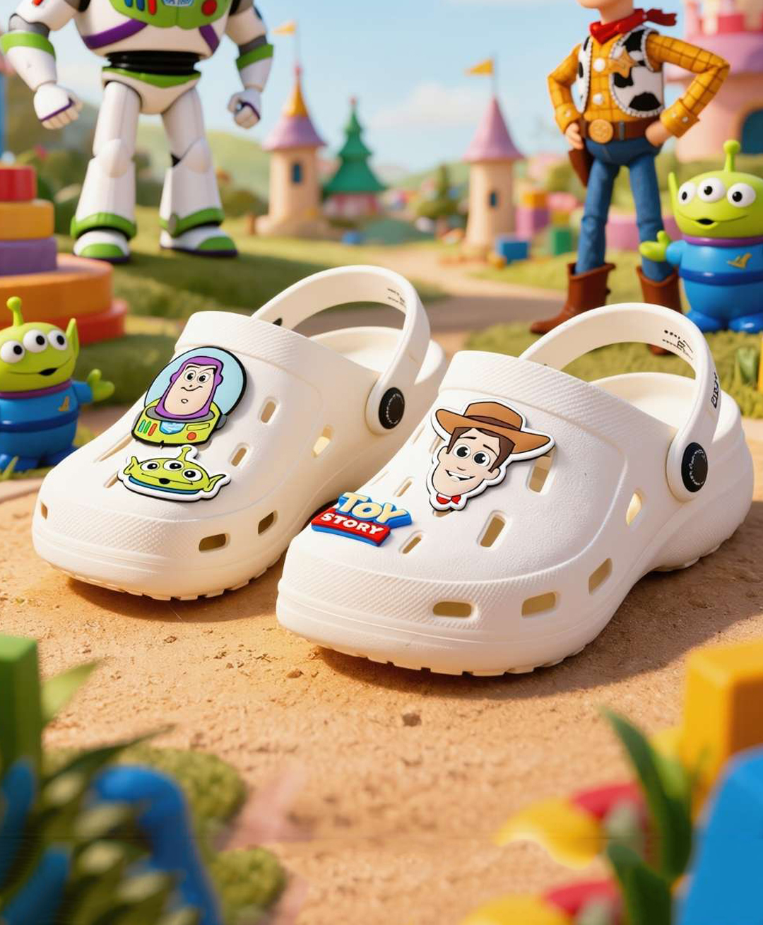 Yellow Bee Disney Pixar Featuring Buzz & Woody Applique Detailed Perforated Slingback Clogs - White-picture-20