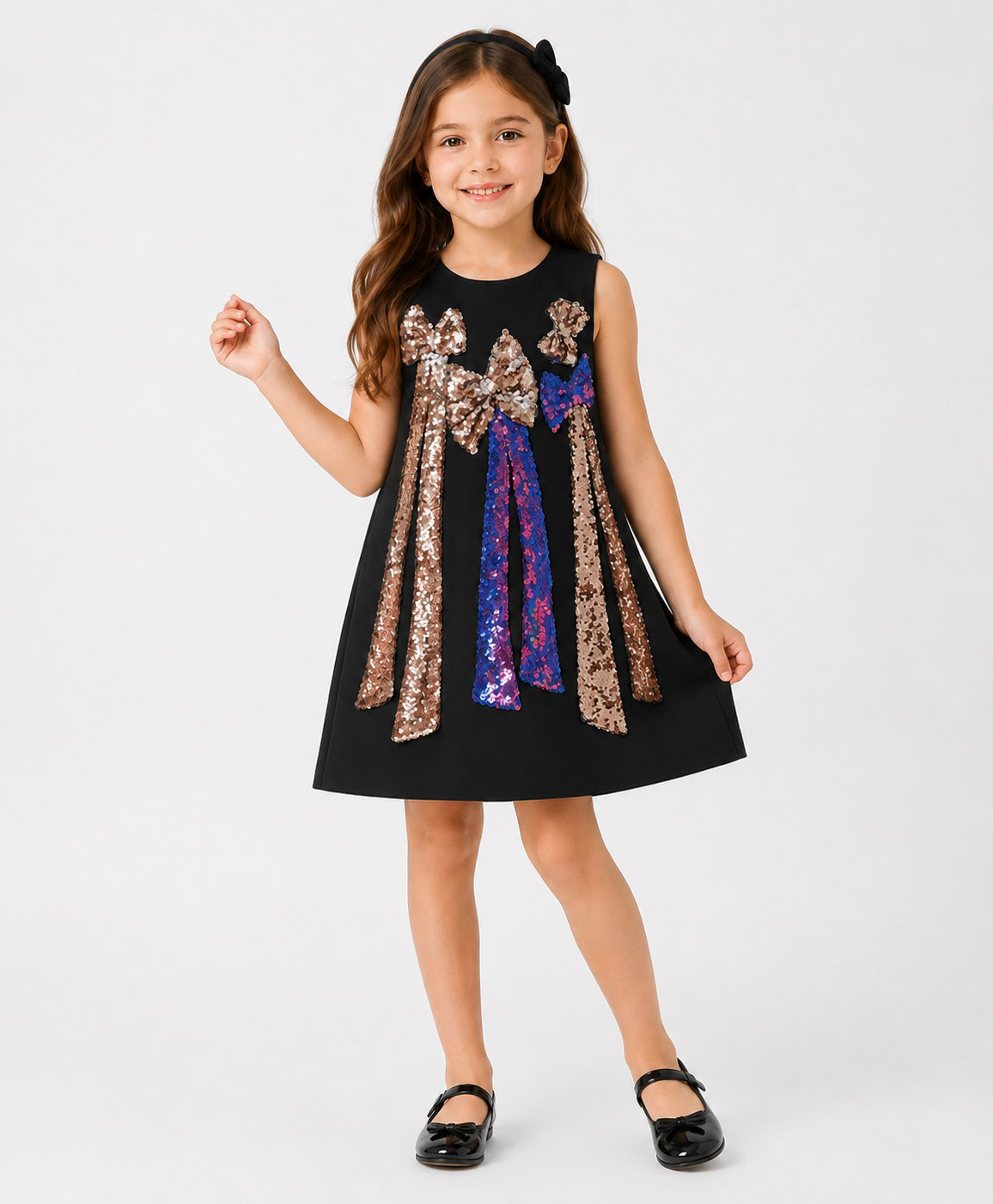 Piccolo Woven Sleeveless Sequins Embellished Bow Applique Detailed Dress - Black-image-43