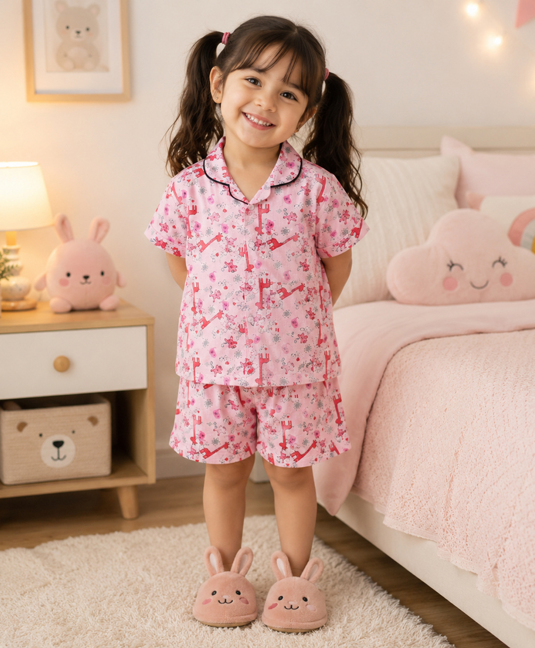 The Magic Wand Cotton Woven Half Sleeves Animals Printed Coordinating Shirt & Shorts Night Suit Set - Peach-picture-8