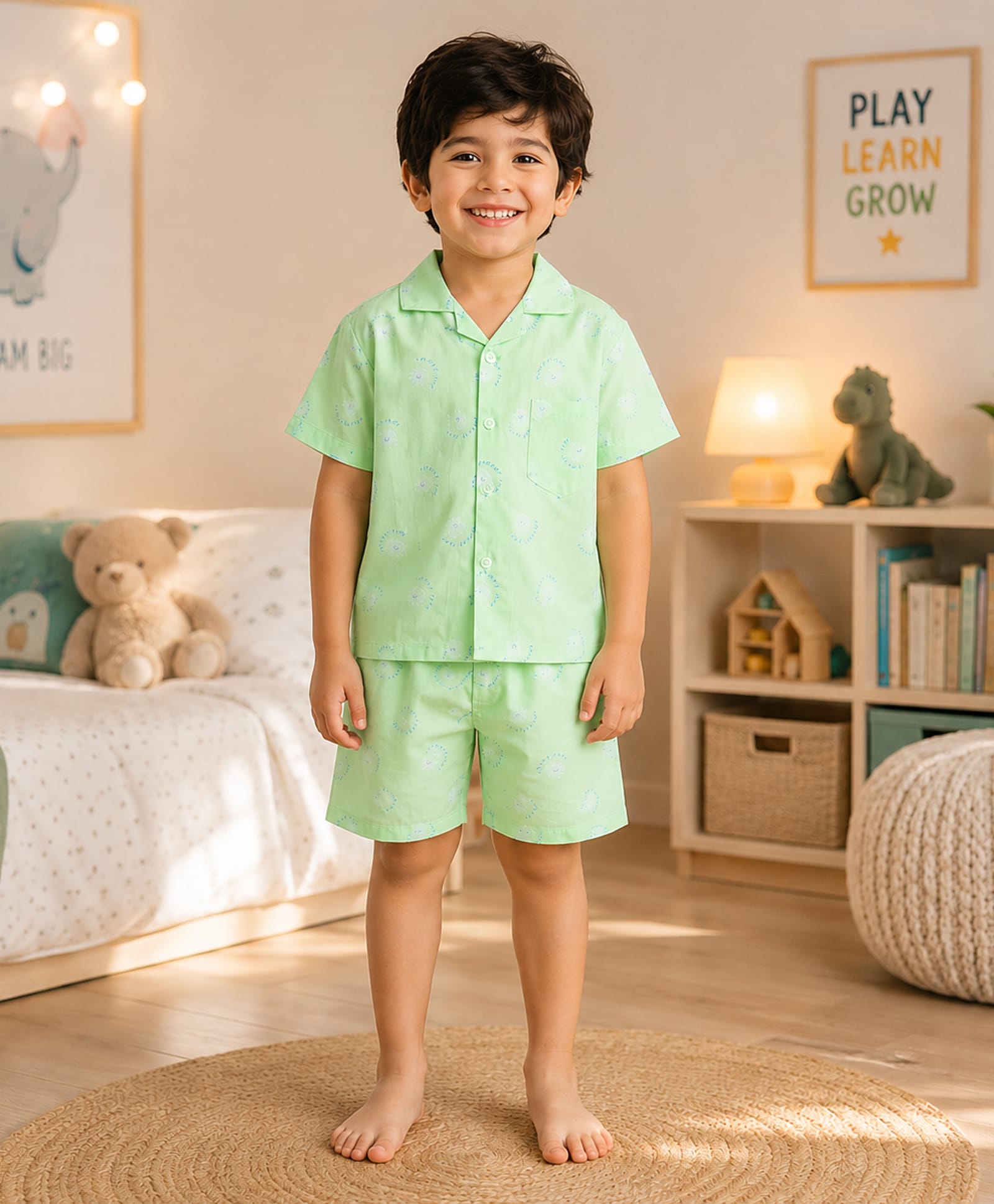 The Magic Wand Cotton Woven Half Sleeves Smiley Sun Text Printed Coordinating Shirt & Shorts Night Suit Set - Green-image-14