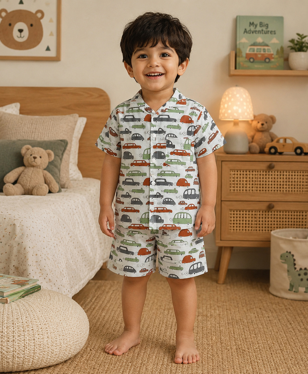 The Magic Wand Cotton Woven Half Sleeves Car Printed Coordinating Shirt & Shorts Night Suit - White-picture-34