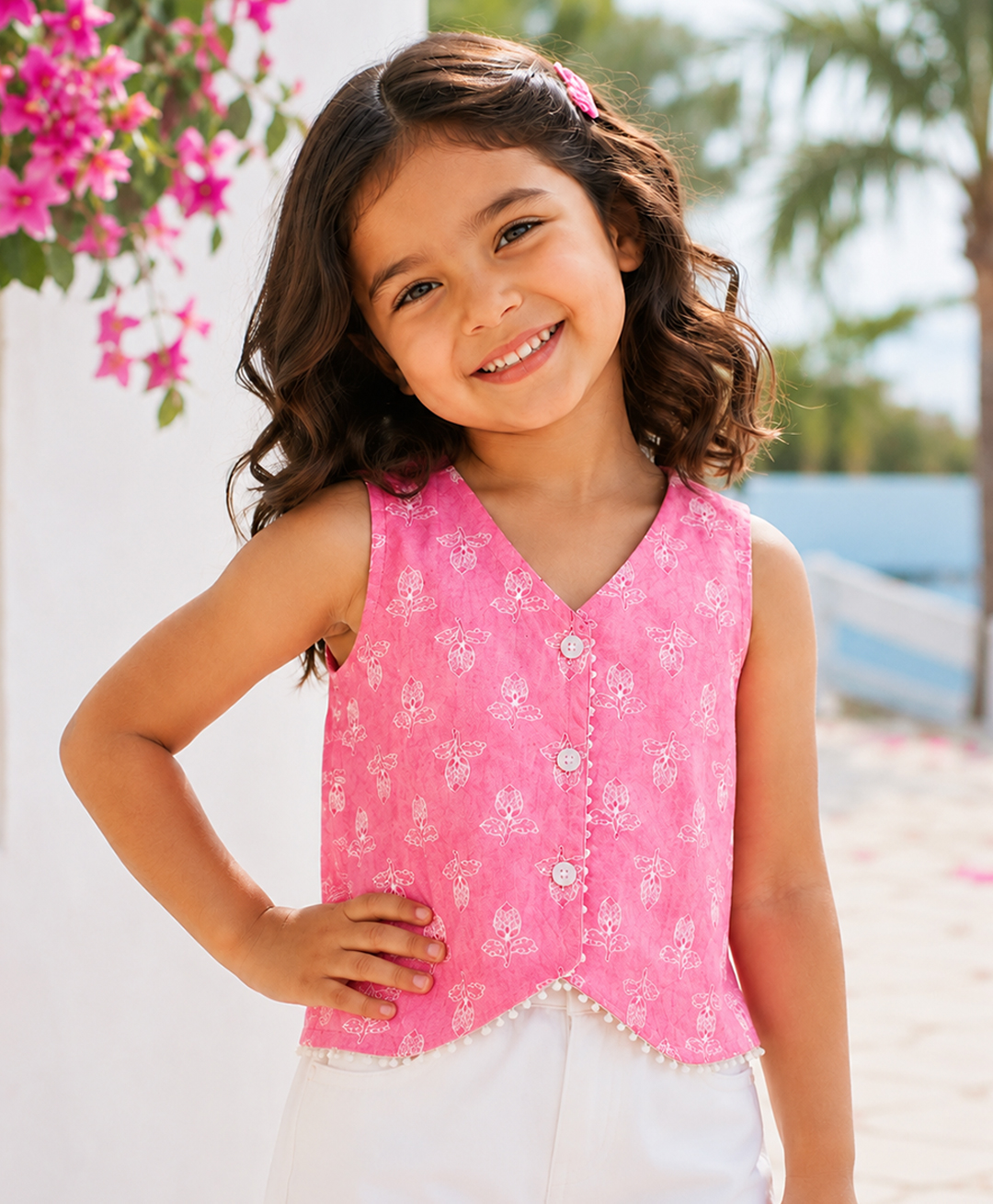 The Magic Wand Cotton Woven Sleeveless Leaves Printed Top - Pink-picture-0