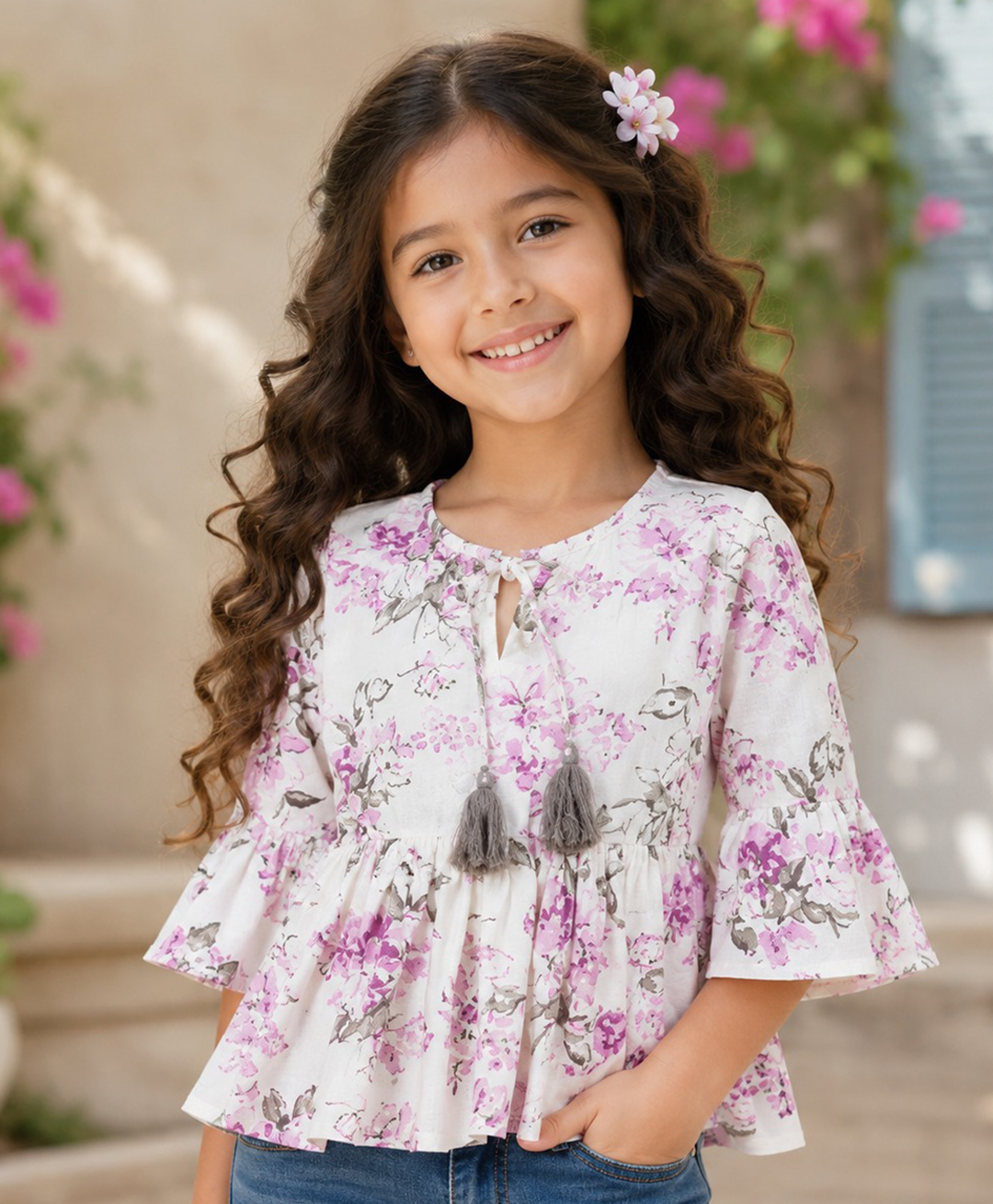 The Magic Wand Cotton Woven Three Fourth Sleeves Floral Printed Top - White-picture-26
