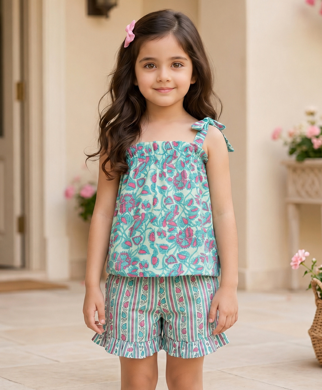 The Magic Wand Cotton Woven Sleeveless Floral Printed Top & Shorts Set - Green-picture-47