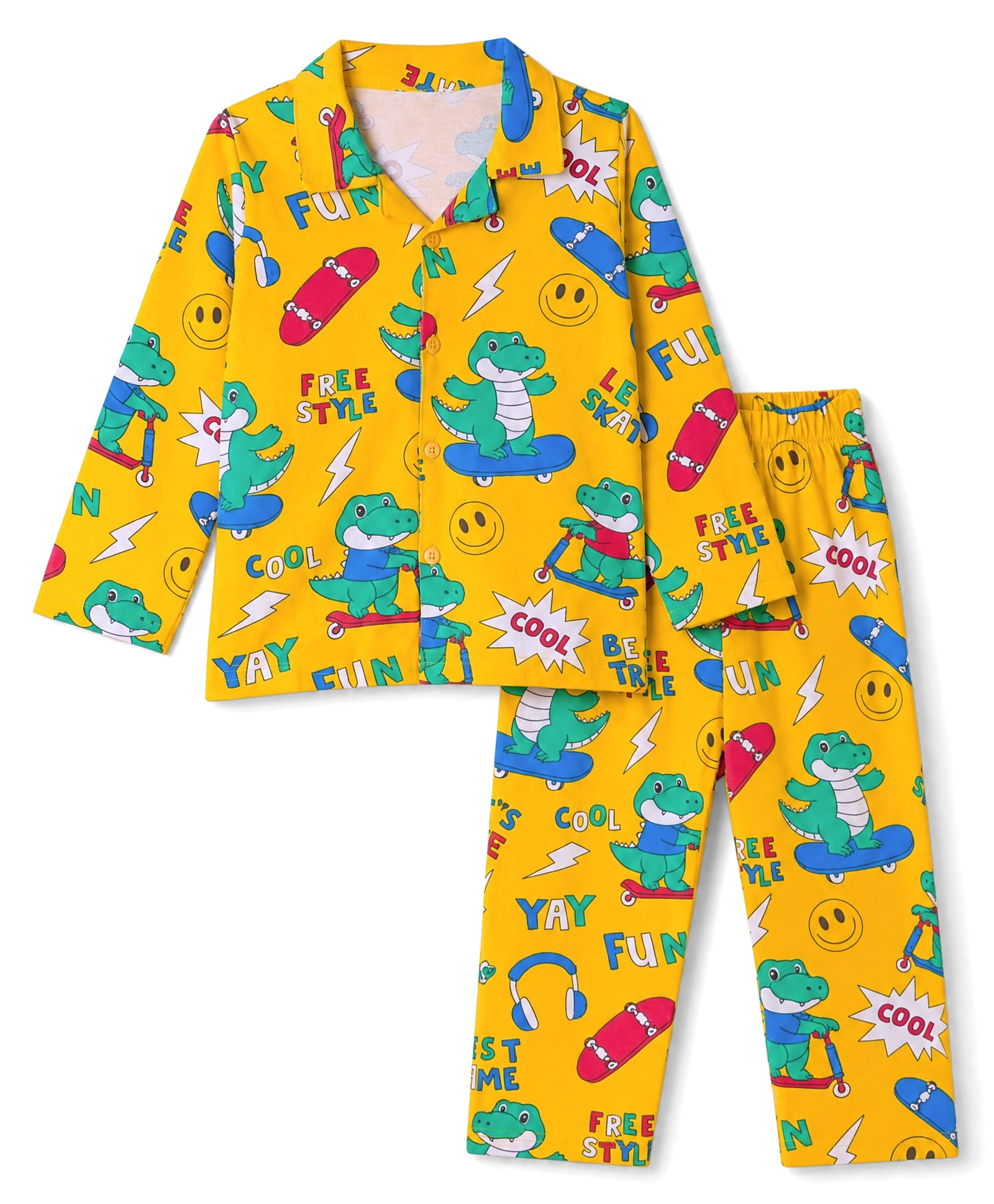 Babyhug Cotton Knit Full Sleeves Co-Ords Shirt & Pyjama Night Suit with Crocodile Print - Yellow-image-28