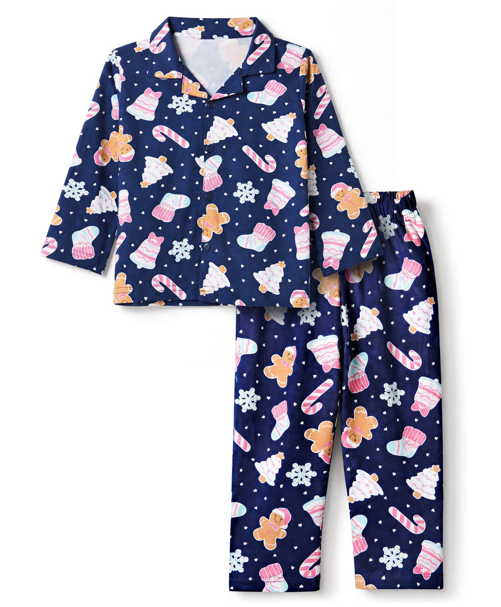 Babyhug Cotton Knit Full Sleeves Co-Ords Shirt & Pyjama Night Suit with Christmas Theme Print - Navy Blue-image-31