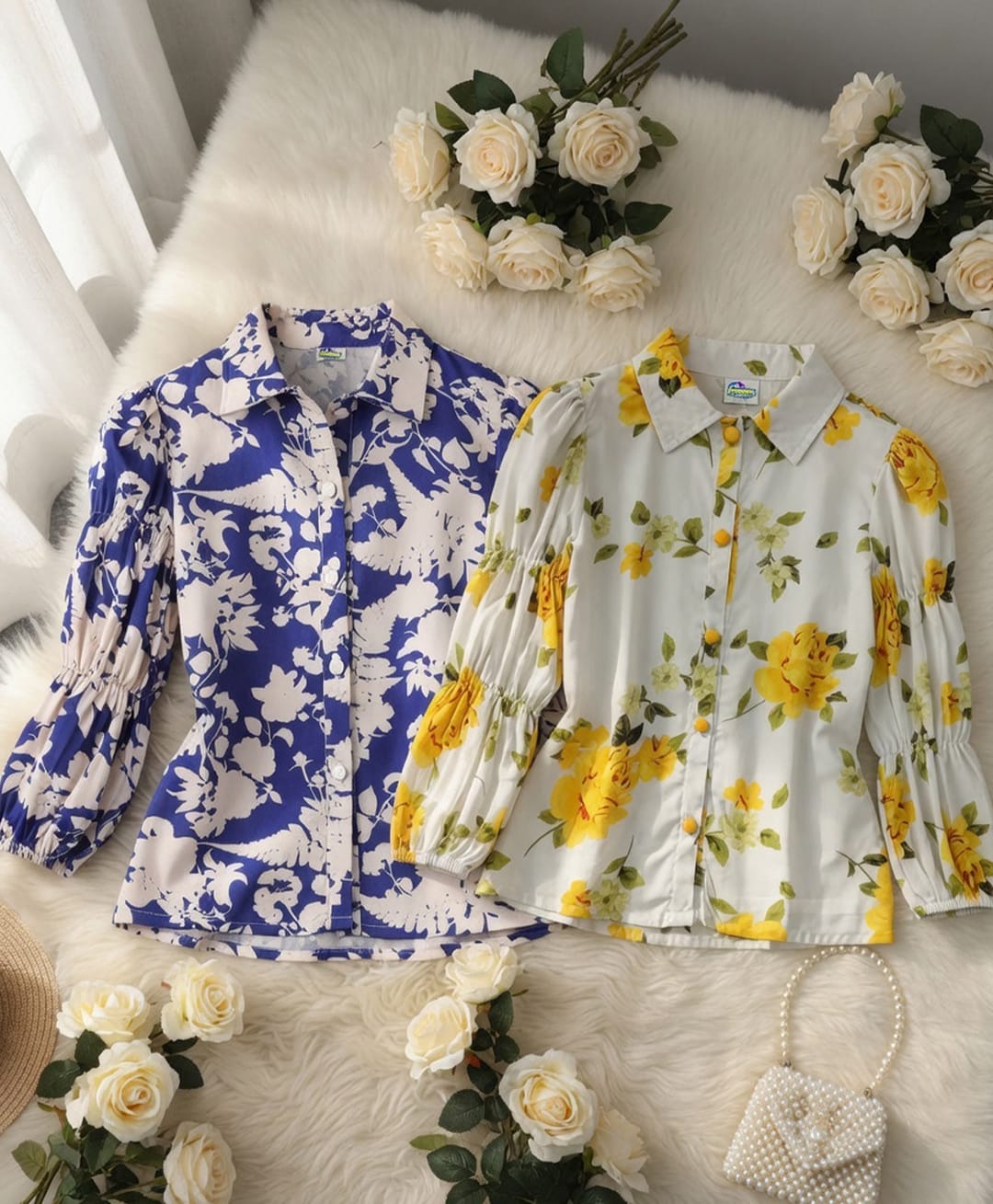 Cutiekins Woven Pack Of 2 Full Puffed Sleeves Floral Printed Shirt Style Tops - White & Blue-picture-18