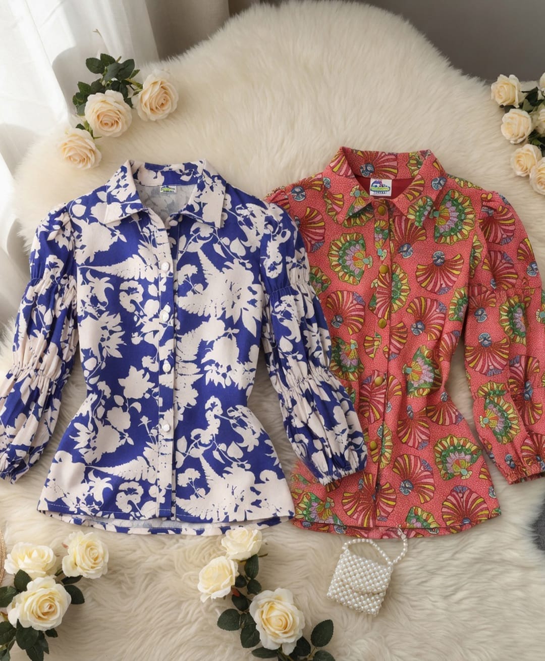 Cutiekins Woven Pack Of 2 Full Puffed Sleeves Floral Printed Shirt Style Tops - Blue & Pink-image-47
