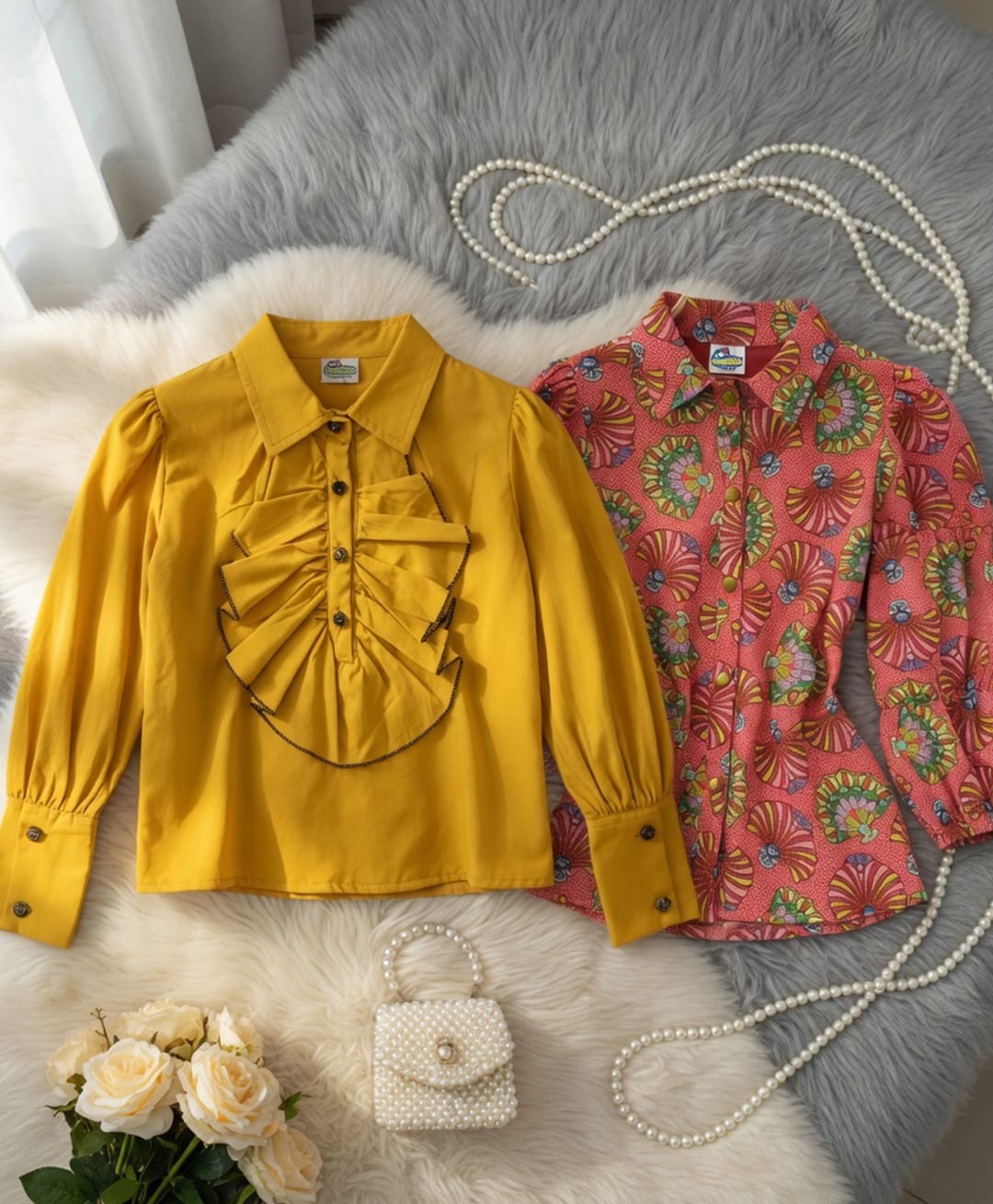 Cutiekins Woven Pack Of 2 Full Puffed Sleeves Frill Detailed & Abstract Printed Shirt Style Tops - Pink & Yellow-picture-21