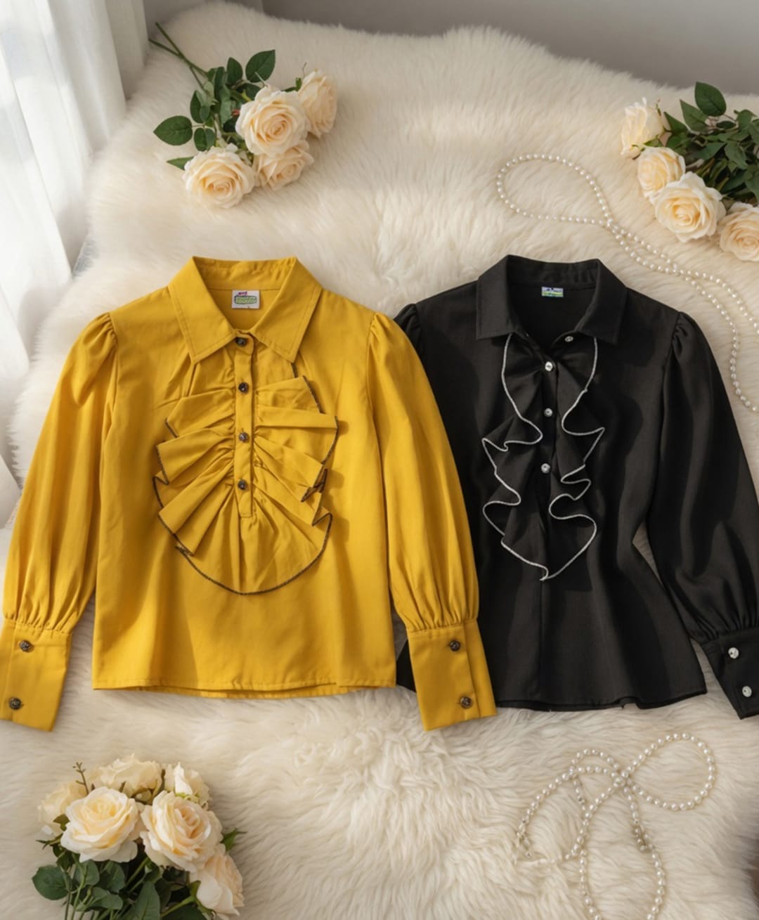 Cutiekins Woven Pack Of 2 Full Puffed Sleeves Frill Detailed Shirt Style Tops - Yellow & Black-image-24