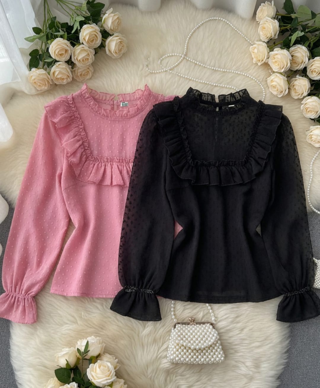Cutiekins Woven Pack Of 2 Full Sleeves Swiss Dots & Frill Detailed Tops - Black & Pink-picture-16