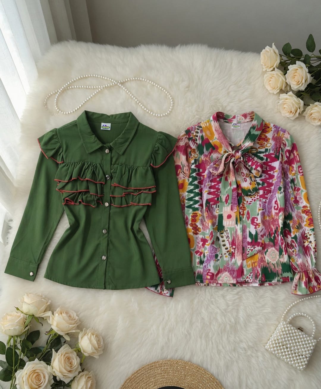 Cutiekins Woven Pack Of 2 Full Sleeves Frill Detailed & Abstract Printed Tops - Green & Multi Colour-picture-38