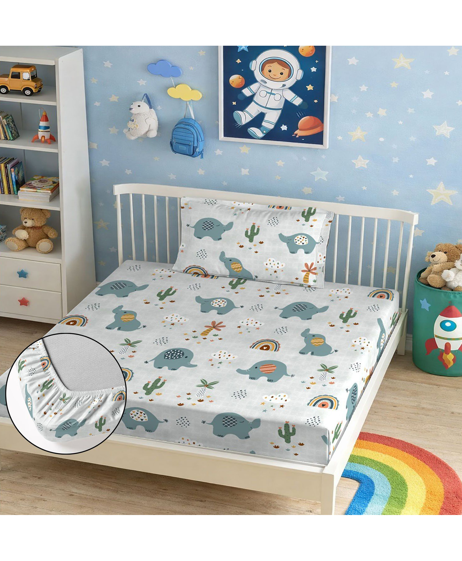 Morado Premium Glace Cotton Elastic Fitted Single Bedsheet with 1 Pillow Cover, Ultra Soft & Breathable, Secure All-Around Elastic Fit, Kids Bedding Collection, 36 x 72 x 8 Inches, Baby Elephant-picture-31
