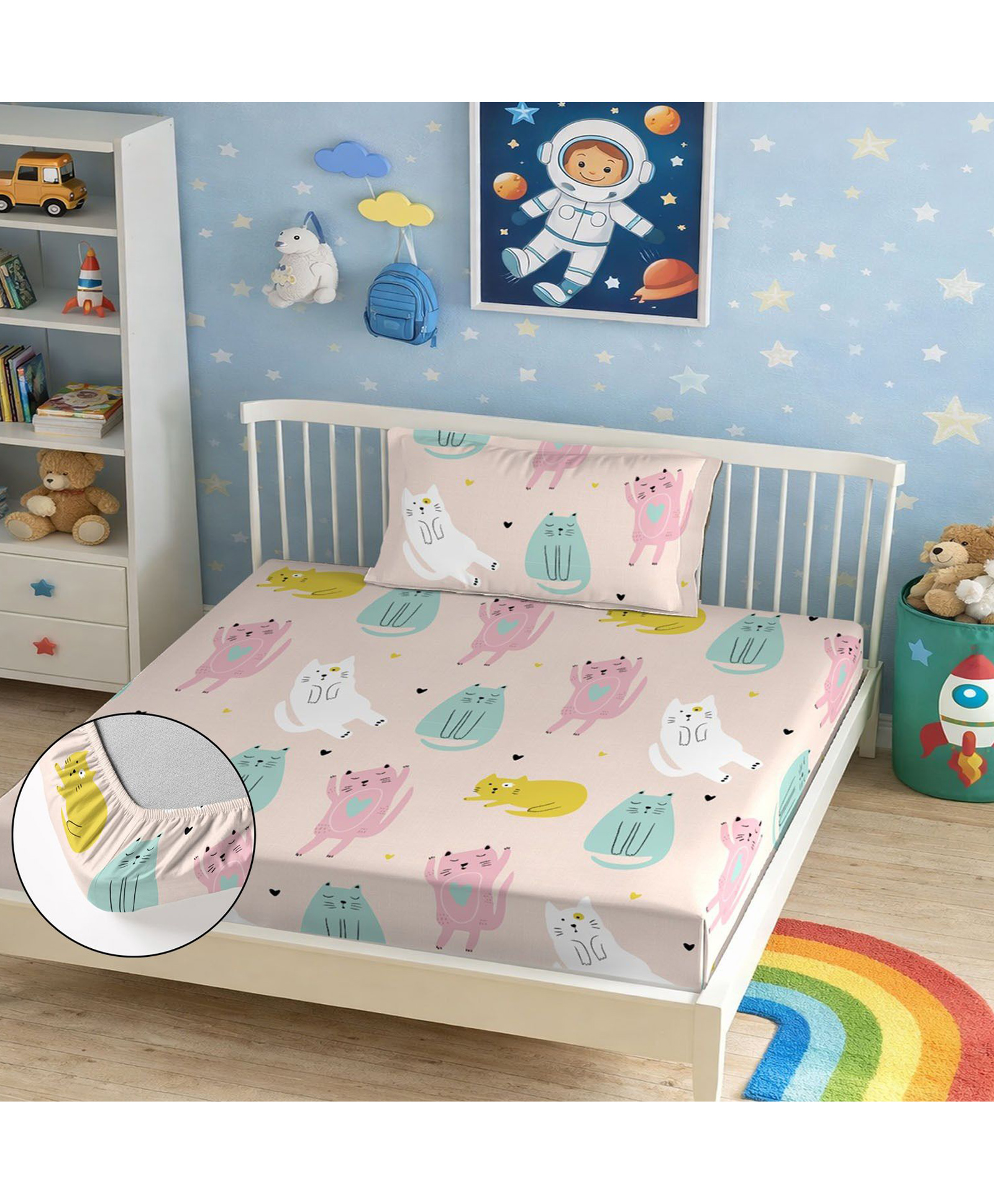 Morado Premium Glace Cotton Elastic Fitted Single Bedsheet with 1 Pillow Cover, Ultra Soft & Breathable, Secure All-Around Elastic Fit, Kids Bedding Collection, 36 x 72 x 8 Inches, Colorful Cat-picture-19