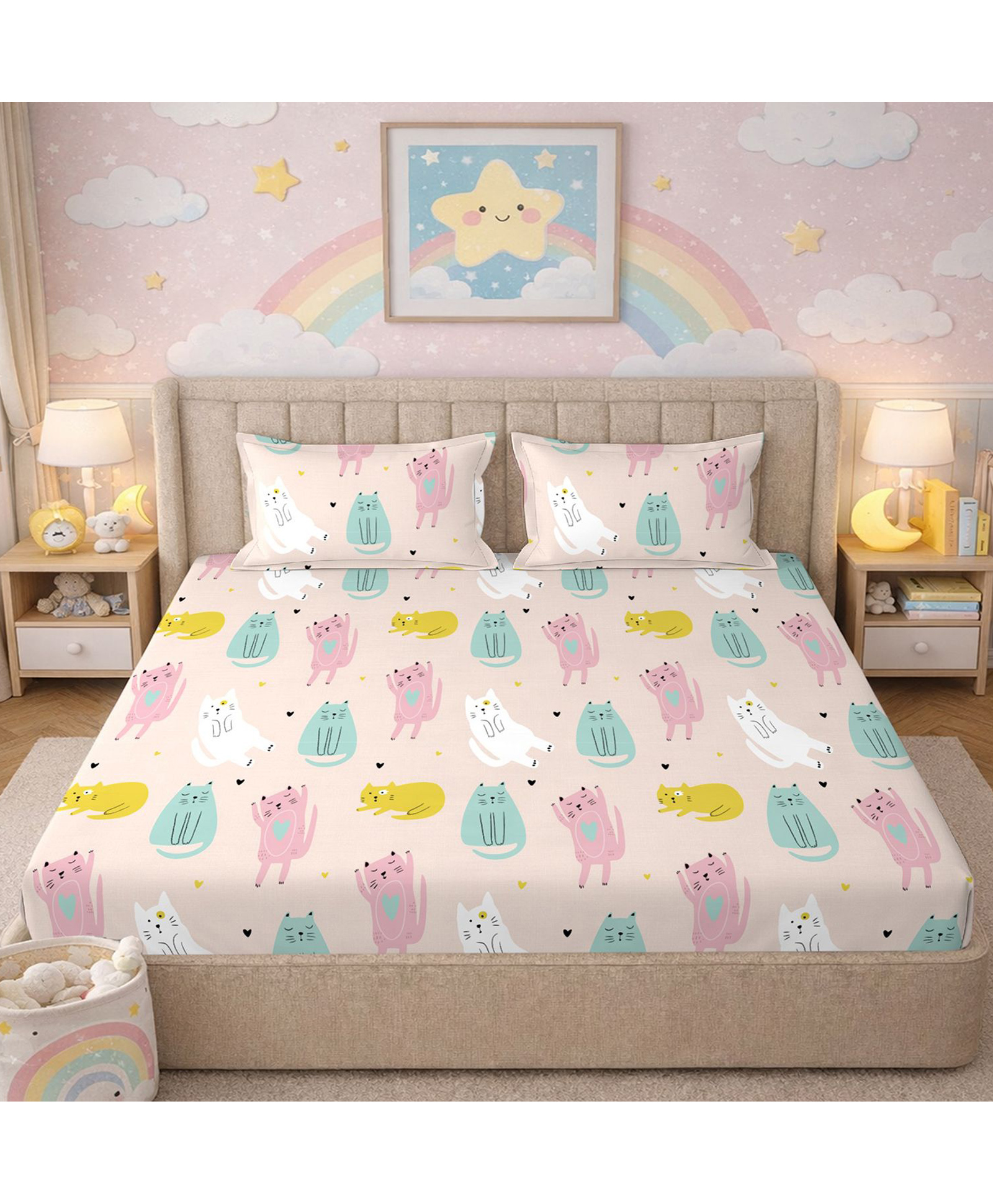 Morado Premium Glace Cotton Flat Double Bedsheet with 2 Pillow Covers, 90 x 100 Inches, Ultra Soft, Breathable & Skin-Friendly Fabric, Kids Bedding Collection, Colorful Cat-image-14
