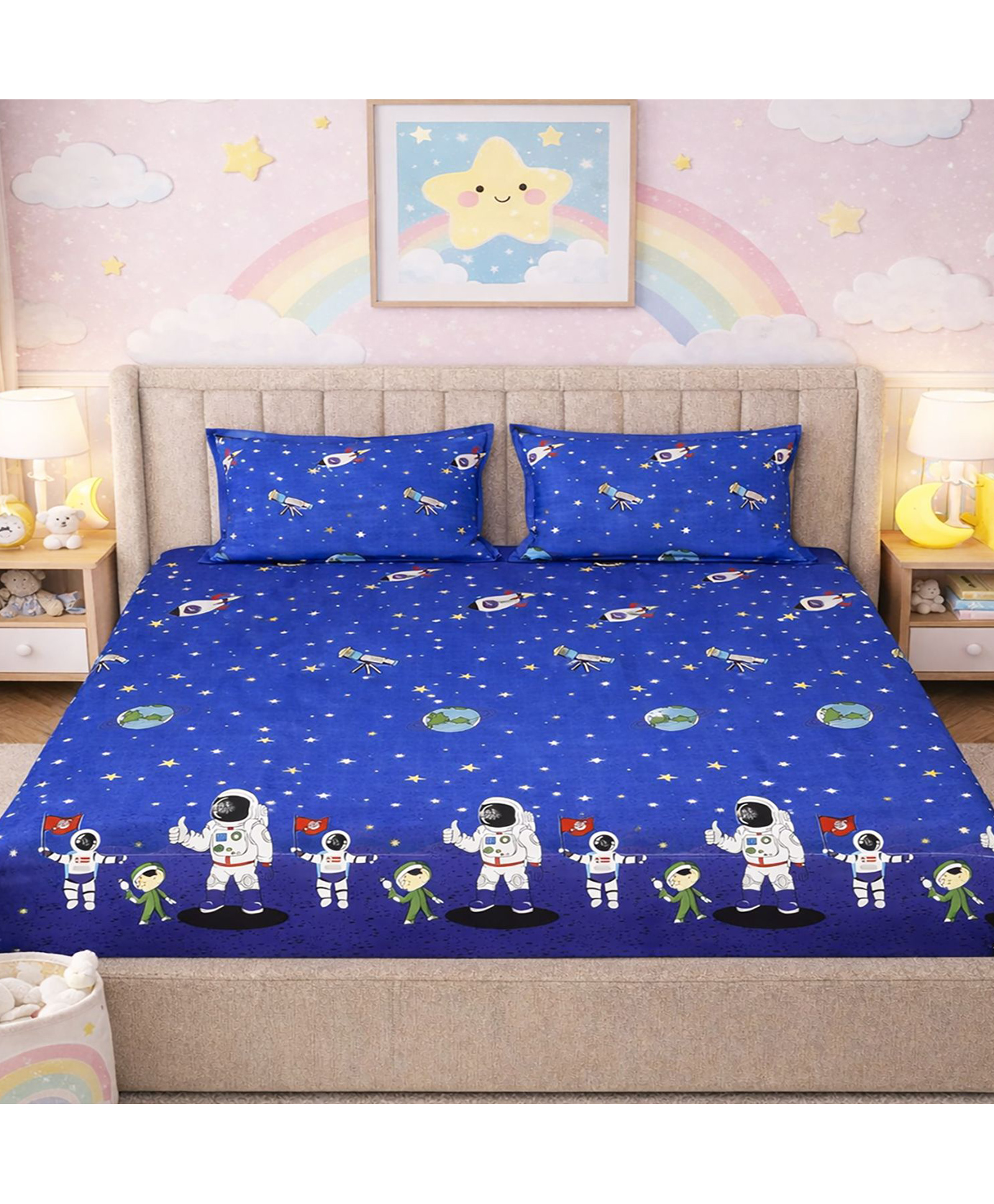 Morado Premium Glace Cotton Flat Double Bedsheet with 2 Pillow Covers, 90 x 100 Inches, Ultra Soft, Breathable & Skin-Friendly Fabric, Kids Bedding Collection, Space Man-picture-16