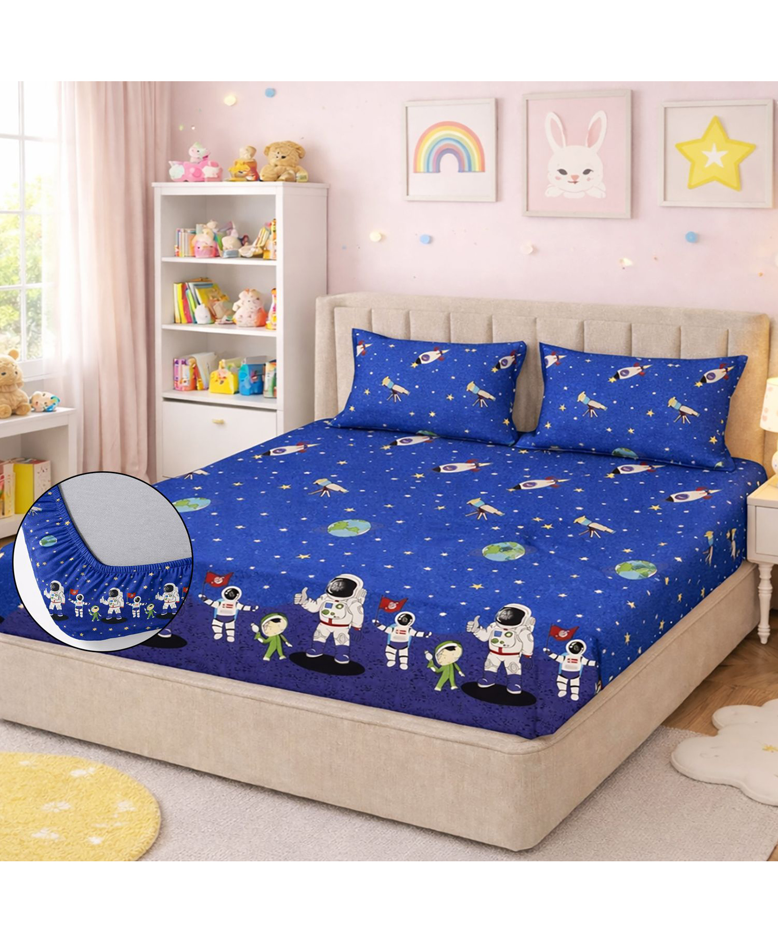 Morado Premium Glace Cotton Elastic Fitted Double Bedsheet with 2 Pillow Covers , 72x78x8 Inches , Ultra Soft & Breathable Fabric , Secure All-Around Elastic Fit , Space Adventure Kids Print-image-43