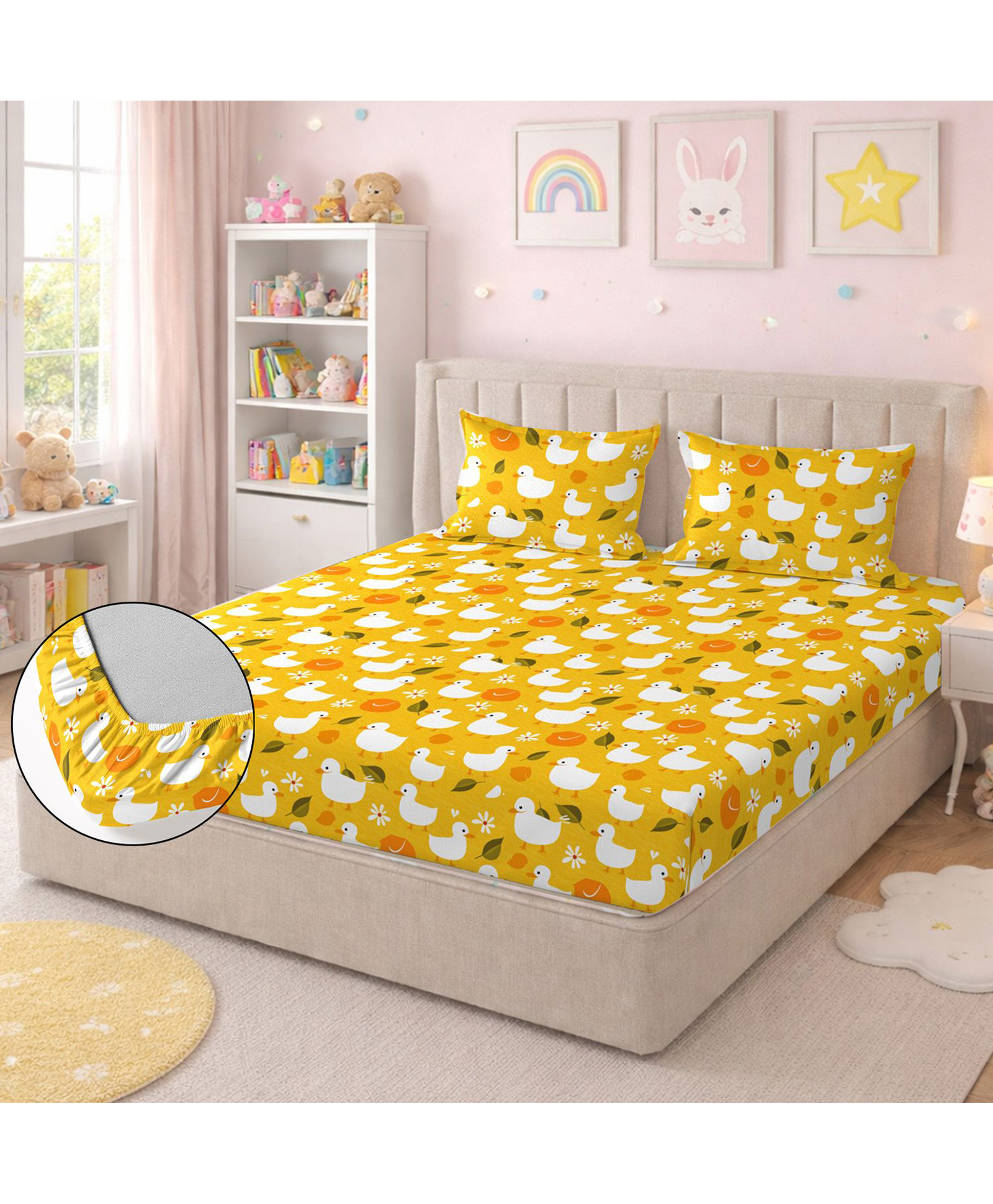 Morado Premium Glace Cotton Elastic Fitted Double Bedsheet with 2 Pillow Covers , 72x78x8 Inches , Ultra Soft & Breathable Fabric , Secure All-Around Elastic Fit , Cute Yellow Duck Kids Print-image-22