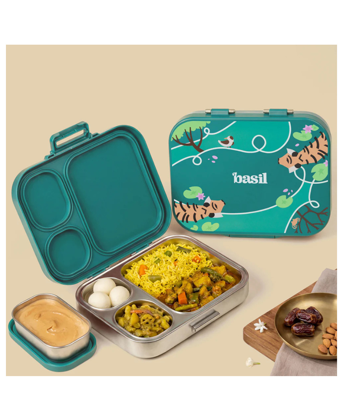 Basil Bento Box Quad Plus 4 Compartment Stainless Steel Lunch Box BPA Free Lid Leak Proof - Bengal Bagh 1020 ml-image-27