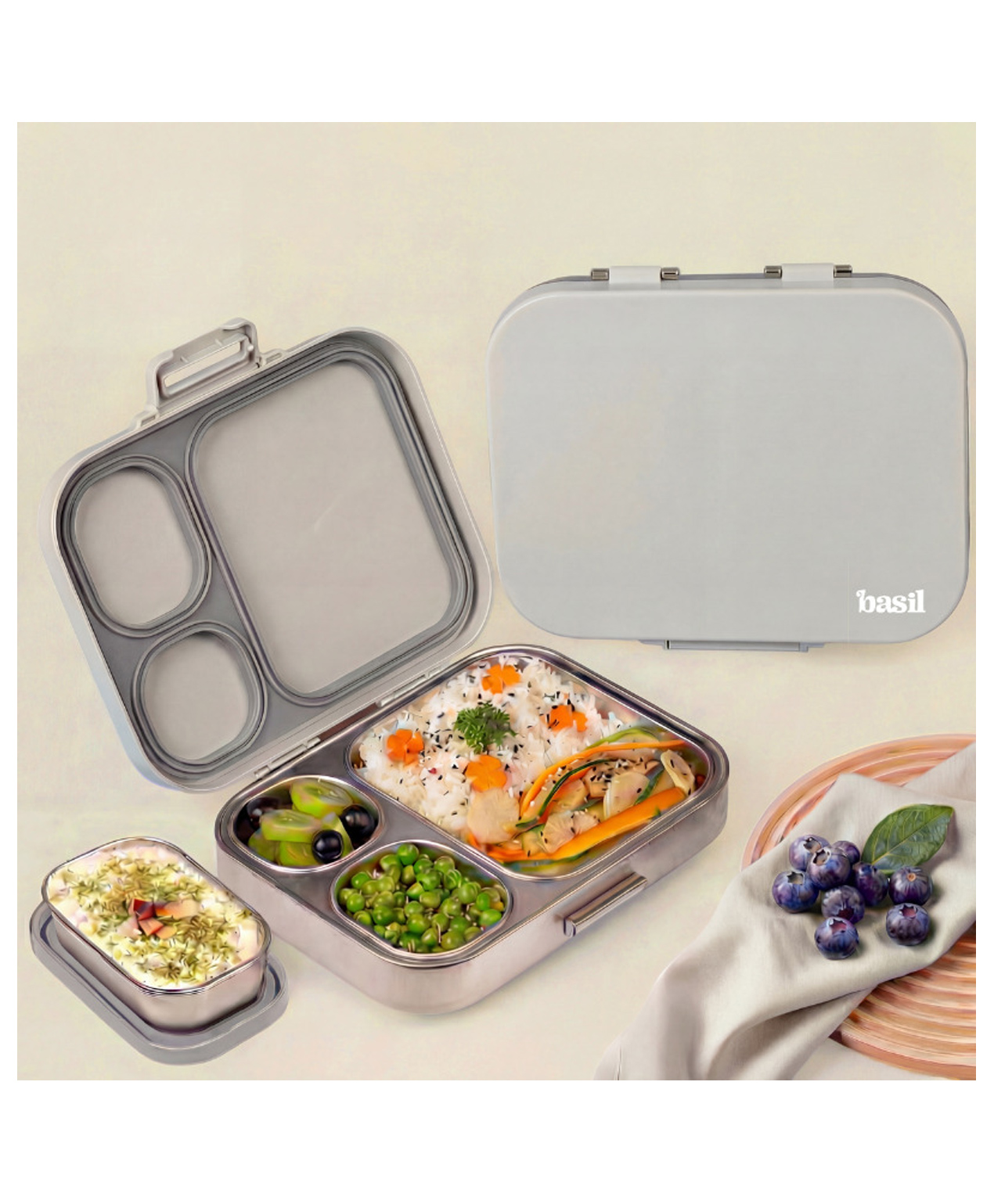 Basil Bento Box Quad Plus 4 Compartment Stainless Steel Lunch Box 1020ml BPA Free Lid Leak Proof - Classic Grey-image-38