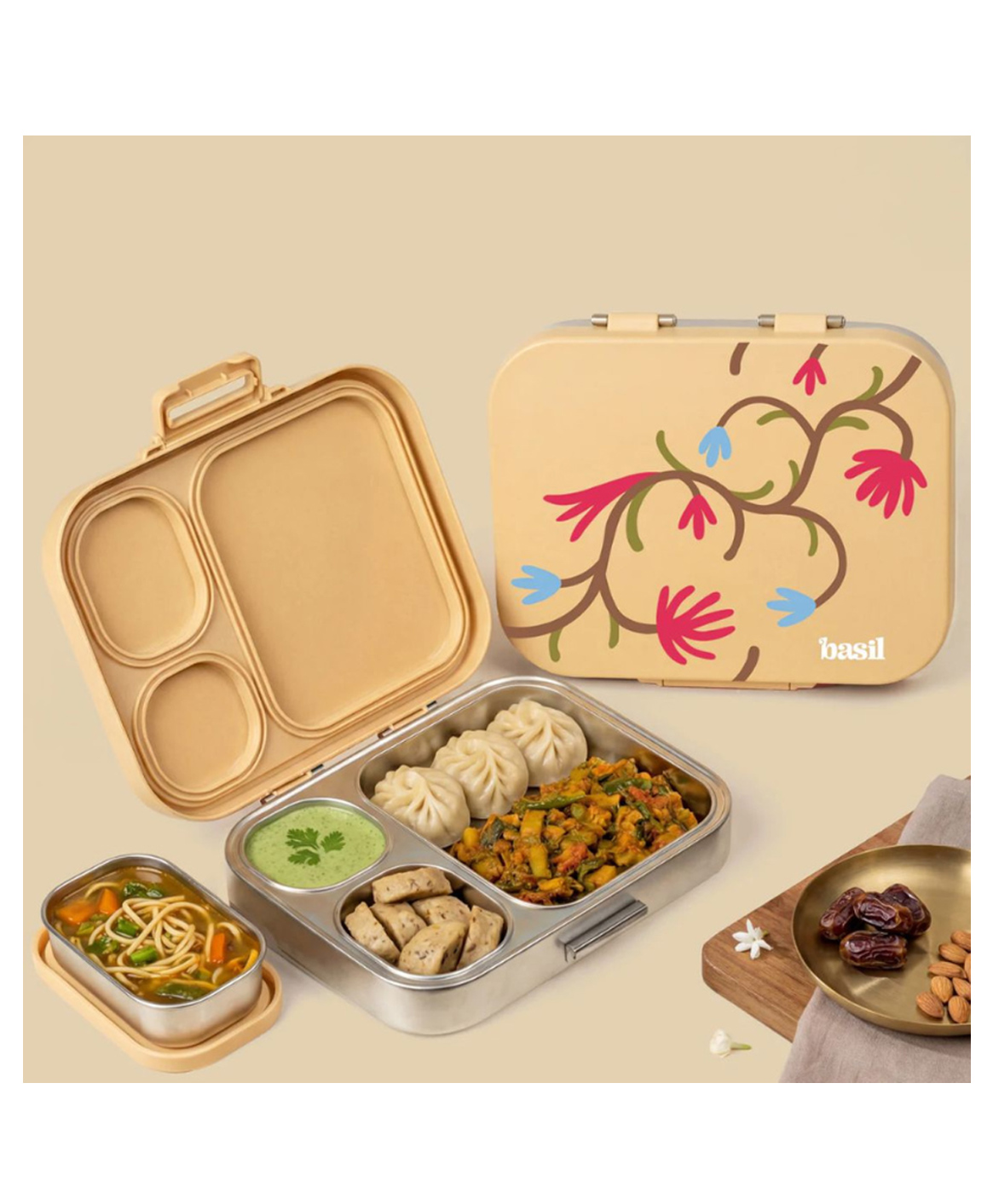 Basil Bento Box Quad Plus 4 Compartment Stainless Steel Lunch Box 1020ml BPA Free Lid Leak Proof - Himachali Guldaan-image-3