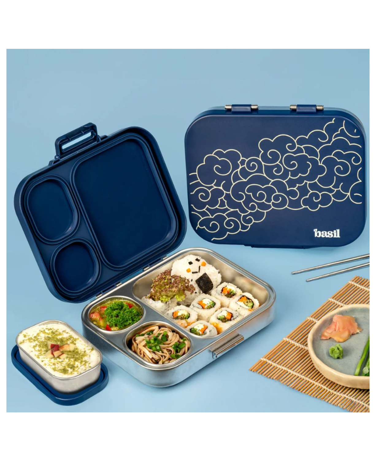 Basil Bento Box Quad Plus 4 Compartment Stainless Steel Lunch Box 1020ml BPA Free Lid Leak Proof - Midnight Sora-image-14